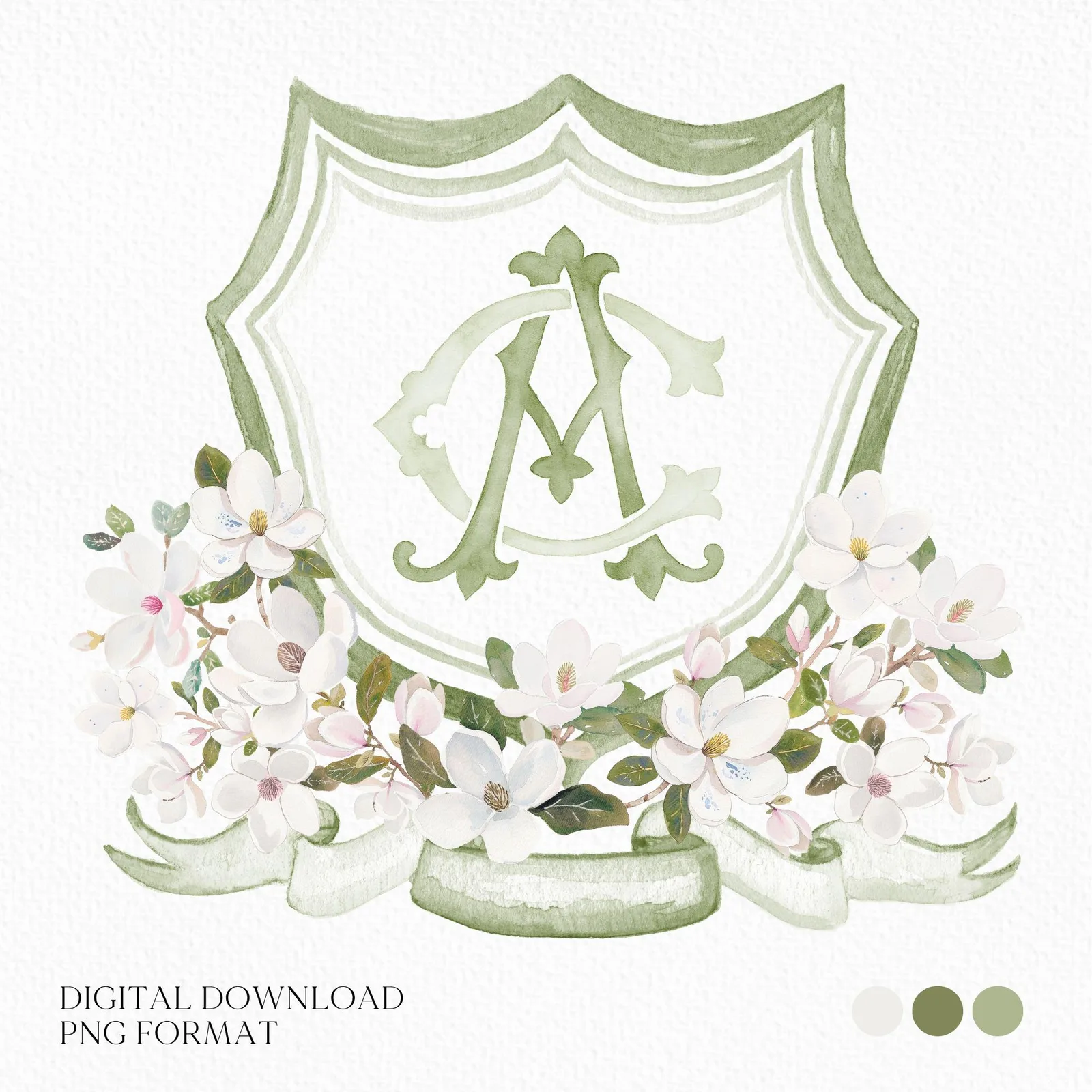 Magnolia Greenery Flower Watercolor Wedding Crest
