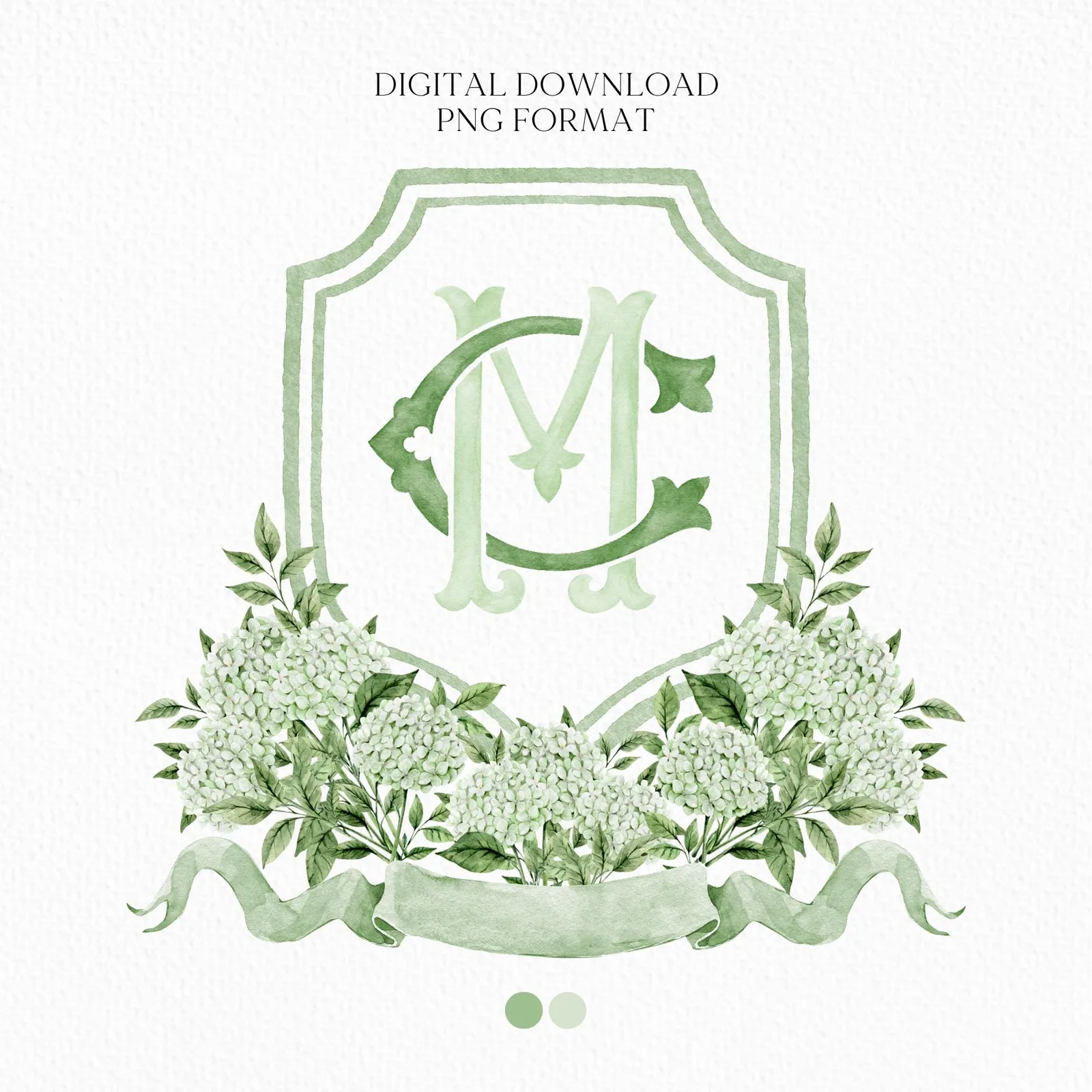 Green Hydrangea Flower Wedding Crest - Monogram Crest - Hydrangea White Floral Luxury Watercolor Wedding Crest - Romantic Wedding Crest