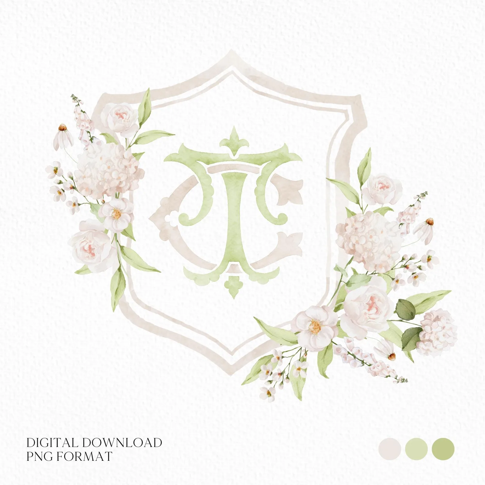 Hydrangea White Flower Wedding Crest - Monogram Crest - White Hydrangea Floral Luxury Watercolor Wedding Crest - Romantic Wedding Crest