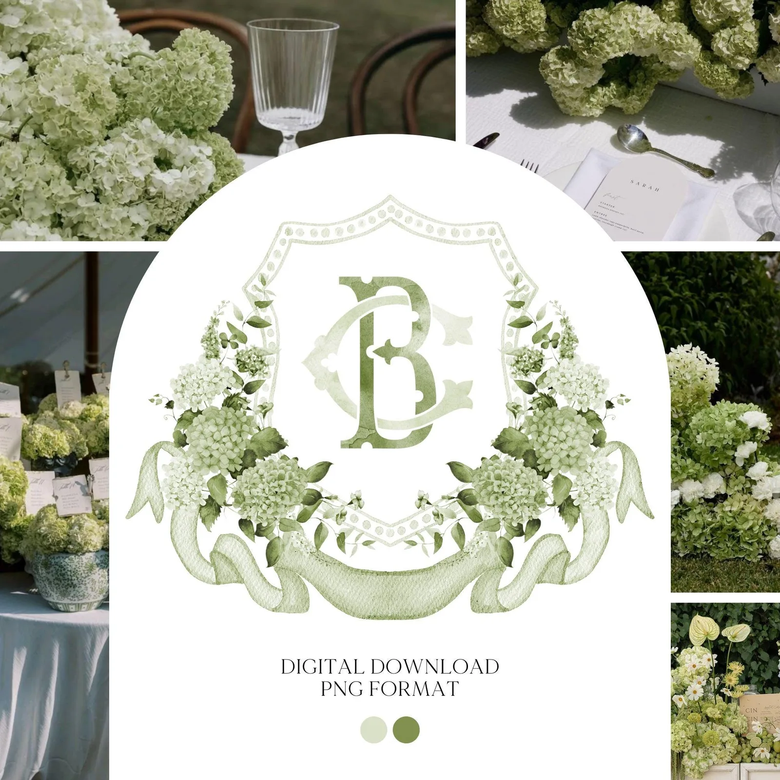 Green Hydrangea Flower Wedding Crest - Monogram Crest - Hydrangea Floral Watercolor Wedding Crest - Romantic Wedding Crest - Boho Hydrangea