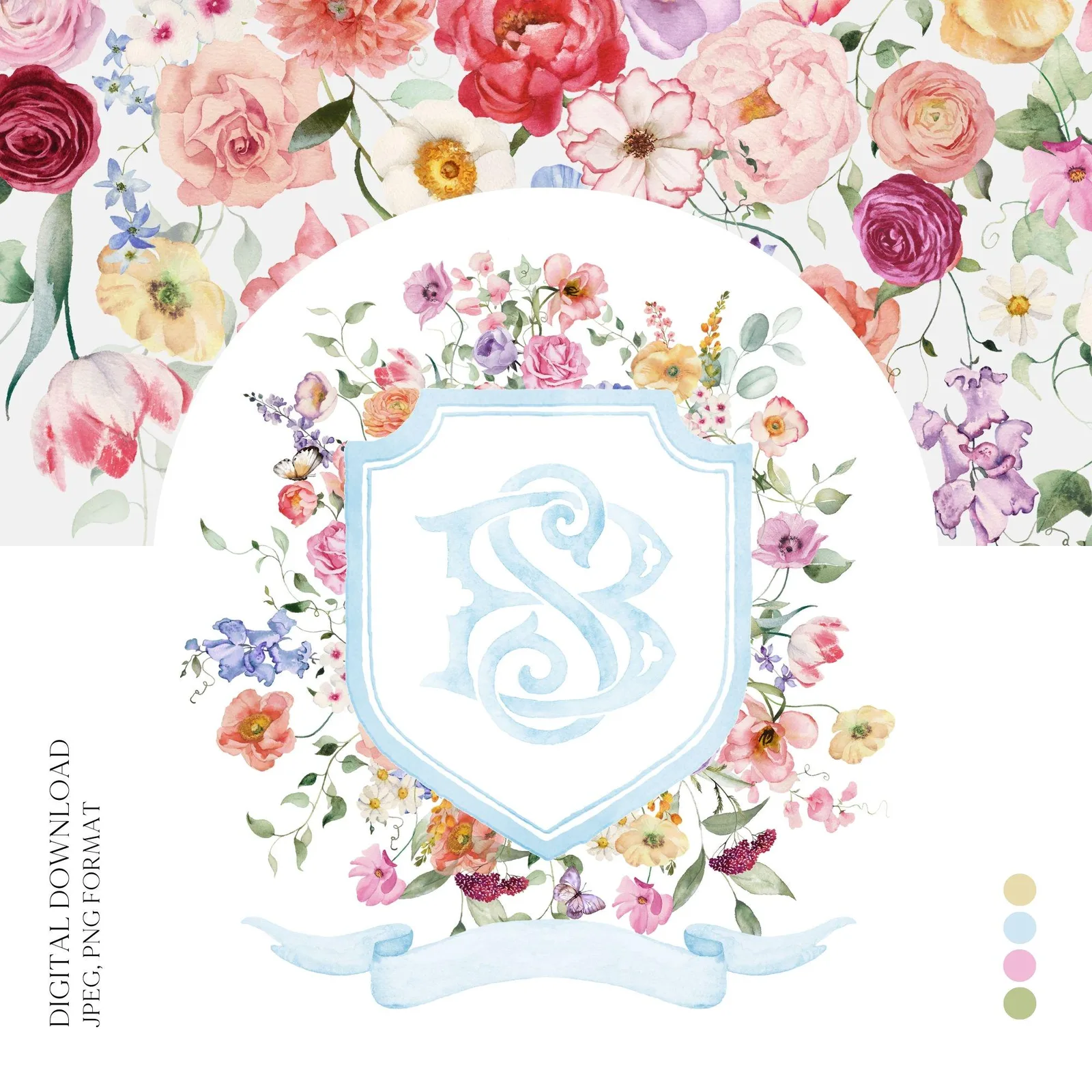 Wildflowers Bright Floral Colorful Watercolor Wedding Crest - Monogram Crest - Floral Watercolor Wedding Crest - Romantic Wedding Crest