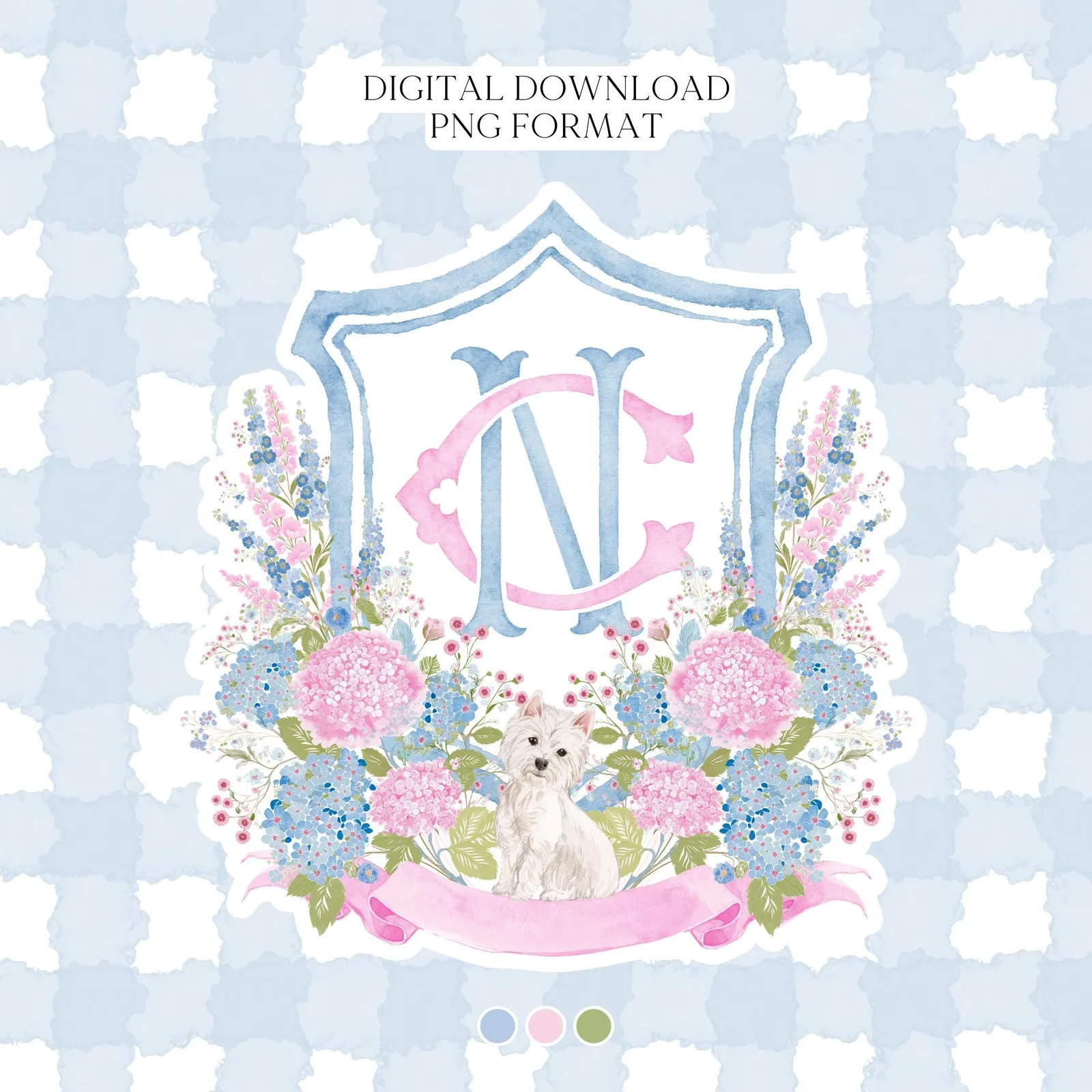 Hydrangea Blue Pink Wedding Family Crest - Light Pink Blue Hydrangea Flower Wedding Crest - Monogram Crest
