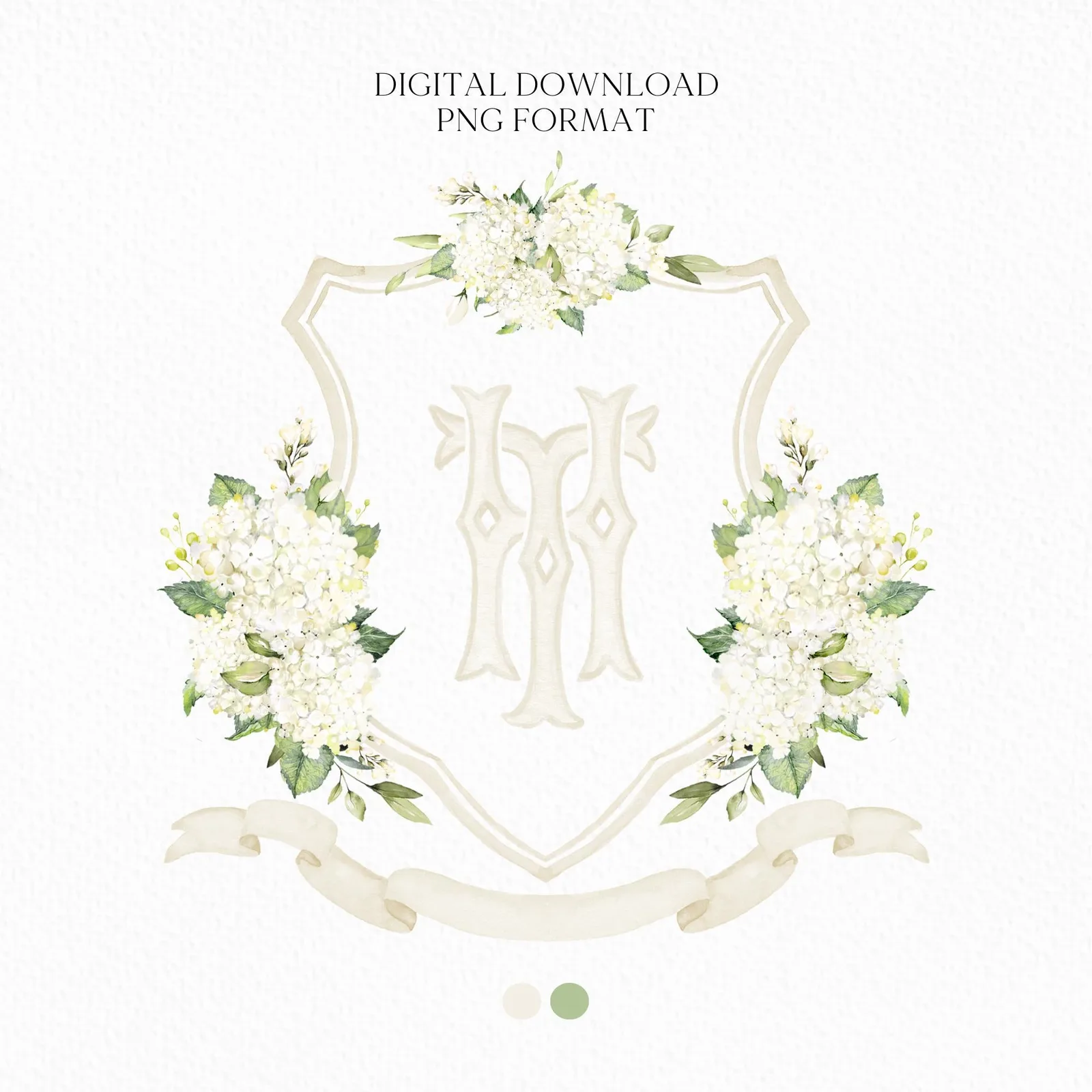 Hydrangea White Flower Wedding Crest - Monogram Crest - White Hydrangea Floral Luxury Watercolor Wedding Crest - Romantic Wedding Crest