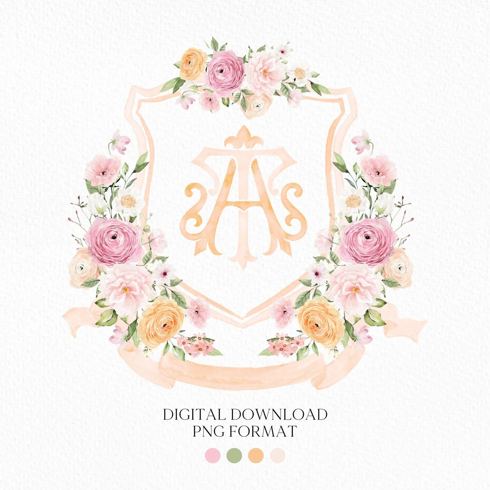 Wildflowers Bright Floral Colorful Watercolor Wedding Crest - Monogram Crest - Watercolor Blush and Pink Floral Watercolor Wedding Crest