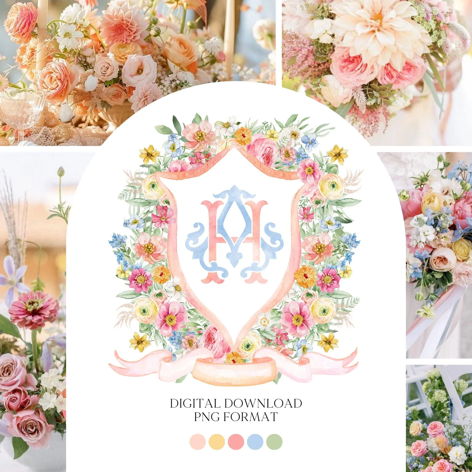 Wildflowers Bright Floral Colorful Watercolor Wedding Crest - Monogram Crest - Floral Watercolor Wedding Crest - Romantic Wedding Crest