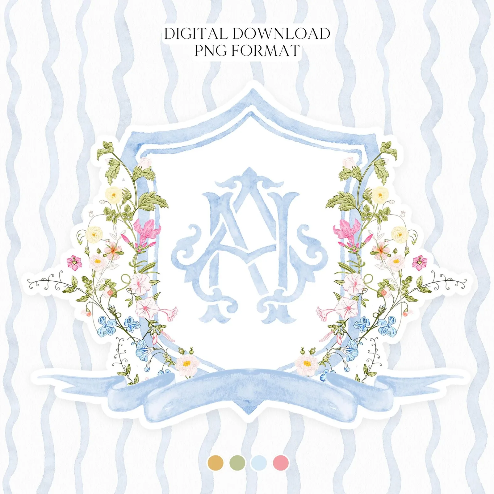 Wildflowers Bright Floral Colorful Watercolor Wedding Crest - Monogram Crest - Pastel Floral Watercolor Crest - Romantic Wedding Crest