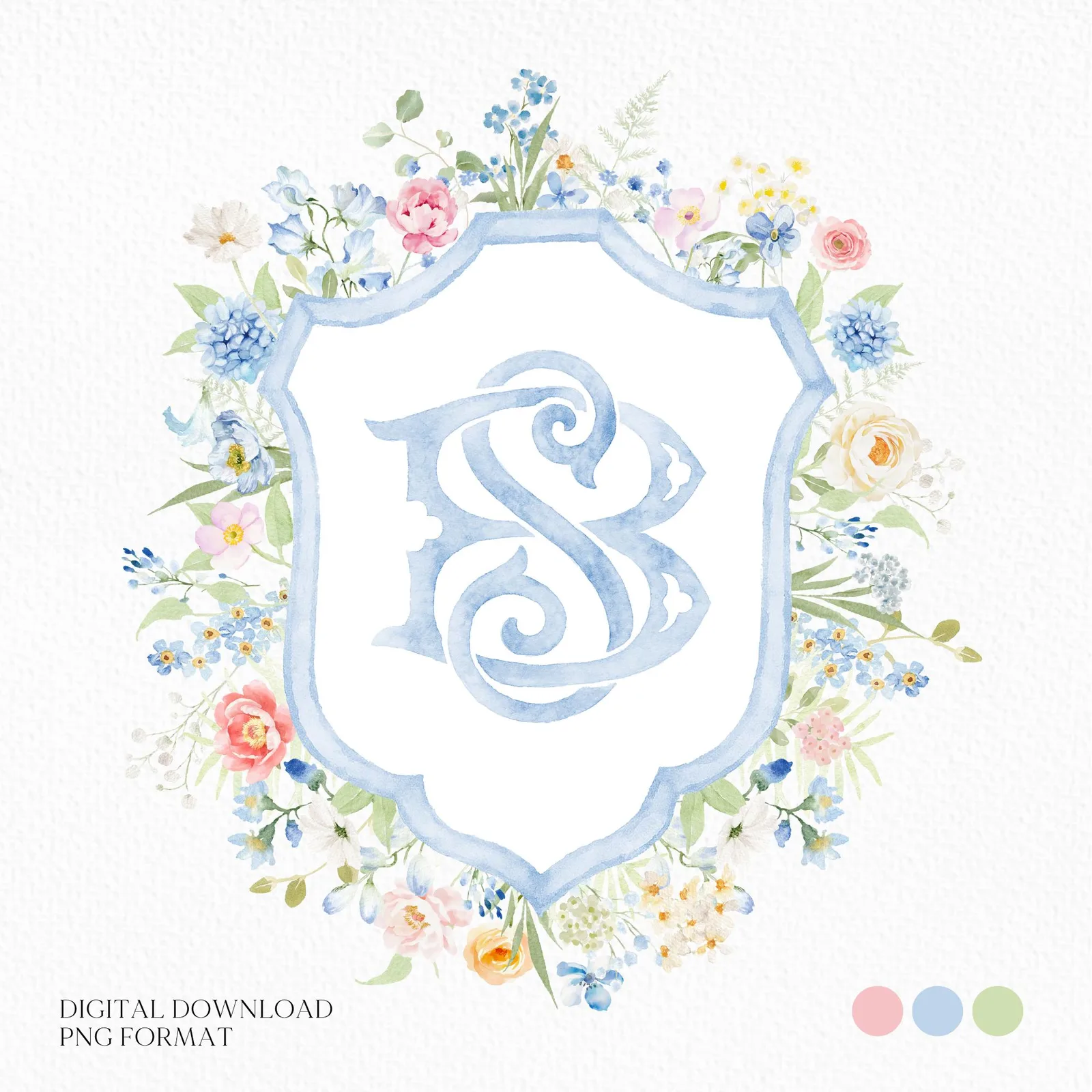 Blue Wildflowers Bright Floral Colorful Watercolor Wedding Crest - Monogram Crest - Floral Watercolor Wedding Crest - Romantic Wedding Crest