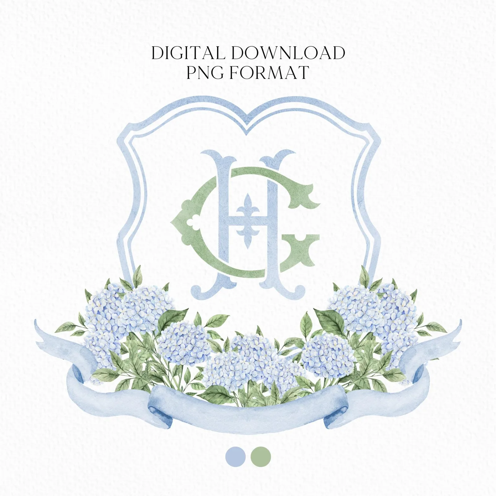 Blue Hydrangea Flower Wedding Crest - Monogram Crest - Hydrangea Light Blue Floral Luxury Watercolor Wedding Crest - Romantic Wedding Crest