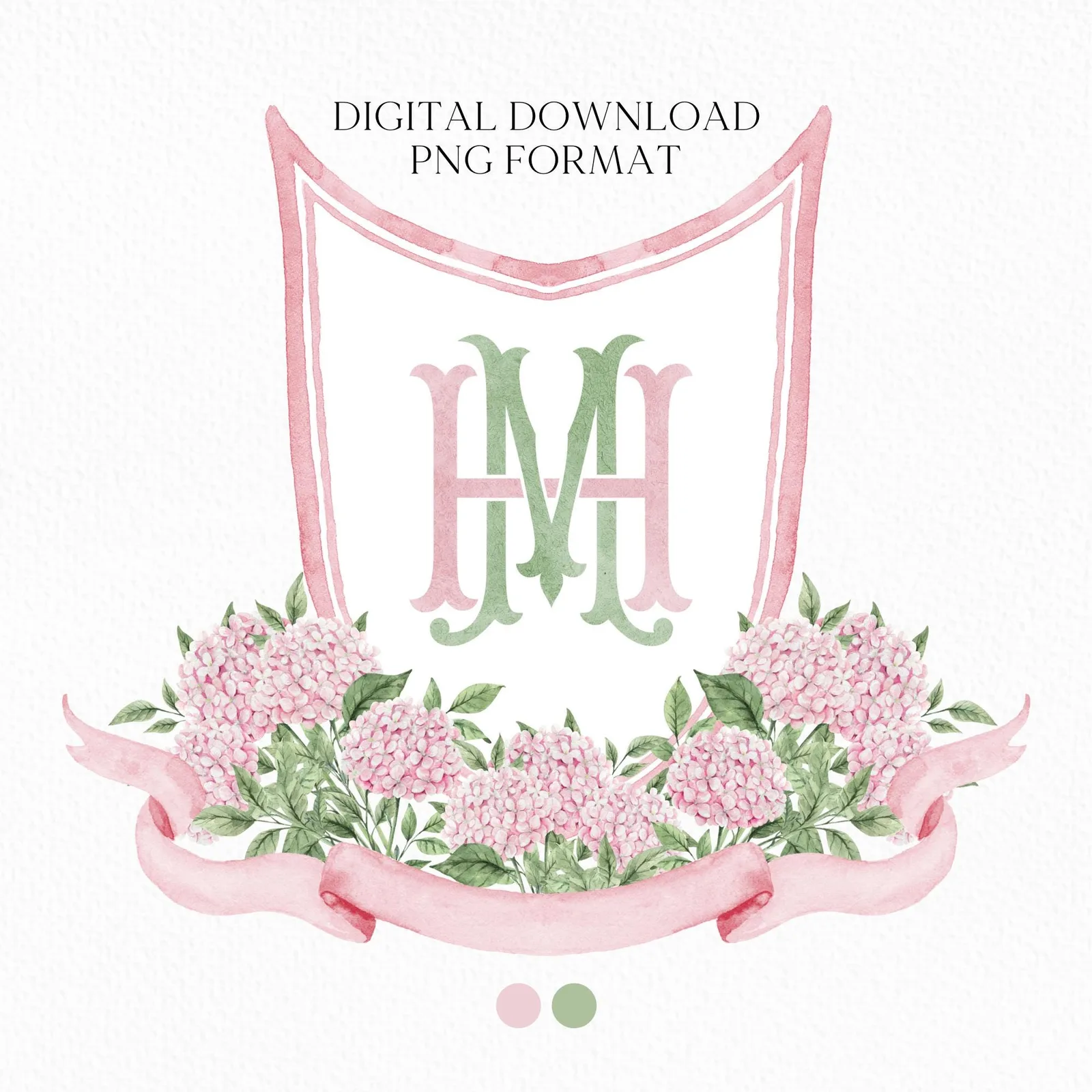 Pink Hydrangea Flower Wedding Crest - Monogram Crest - Hydrangea Light Pink Floral Luxury Watercolor Wedding Crest - Romantic Wedding Crest