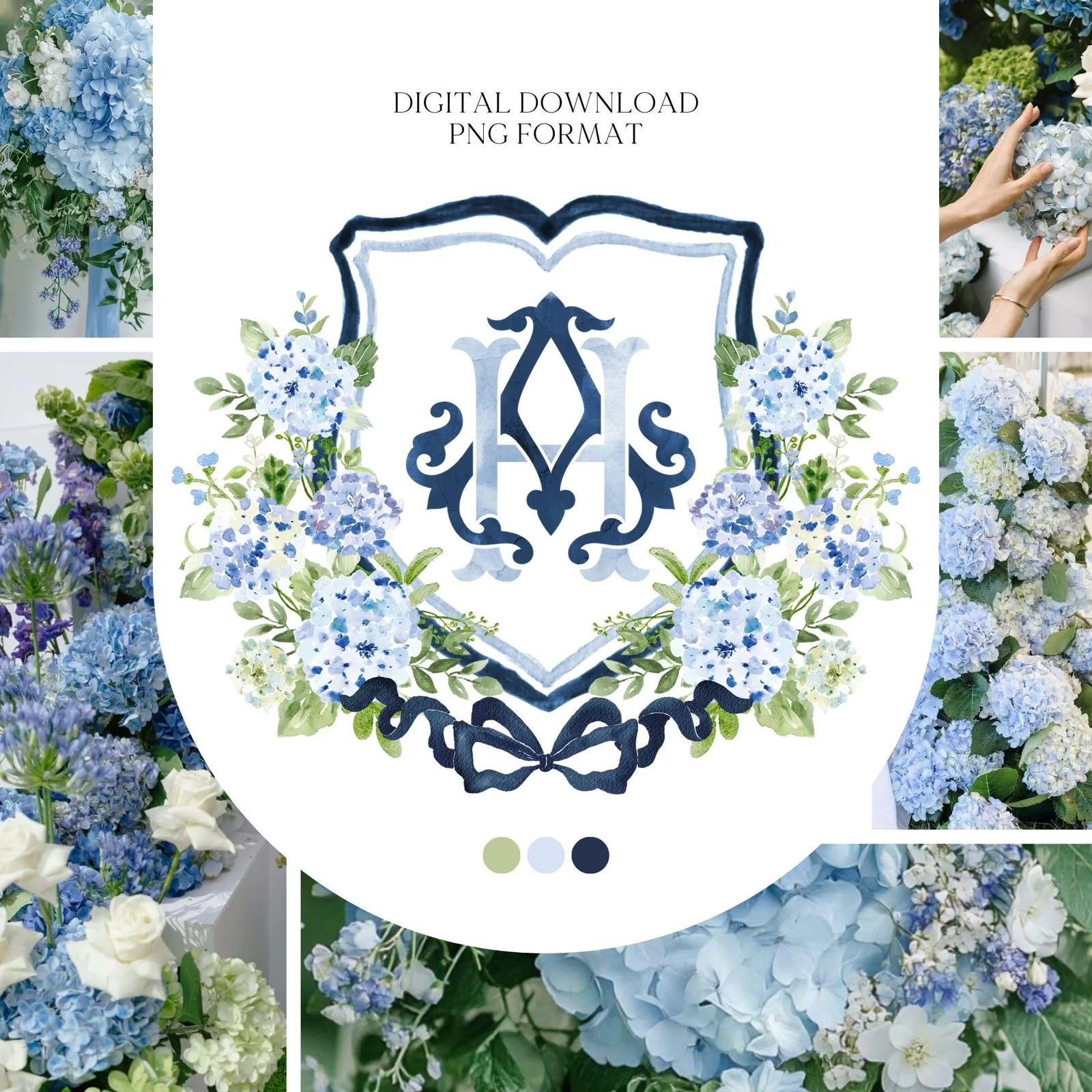 Hydrangea Flower Wedding Crest - Monogram Crest - Hydrangea Floral Luxury Watercolor Wedding Crest - Romantic Wedding Crest- Boho Hydrangea