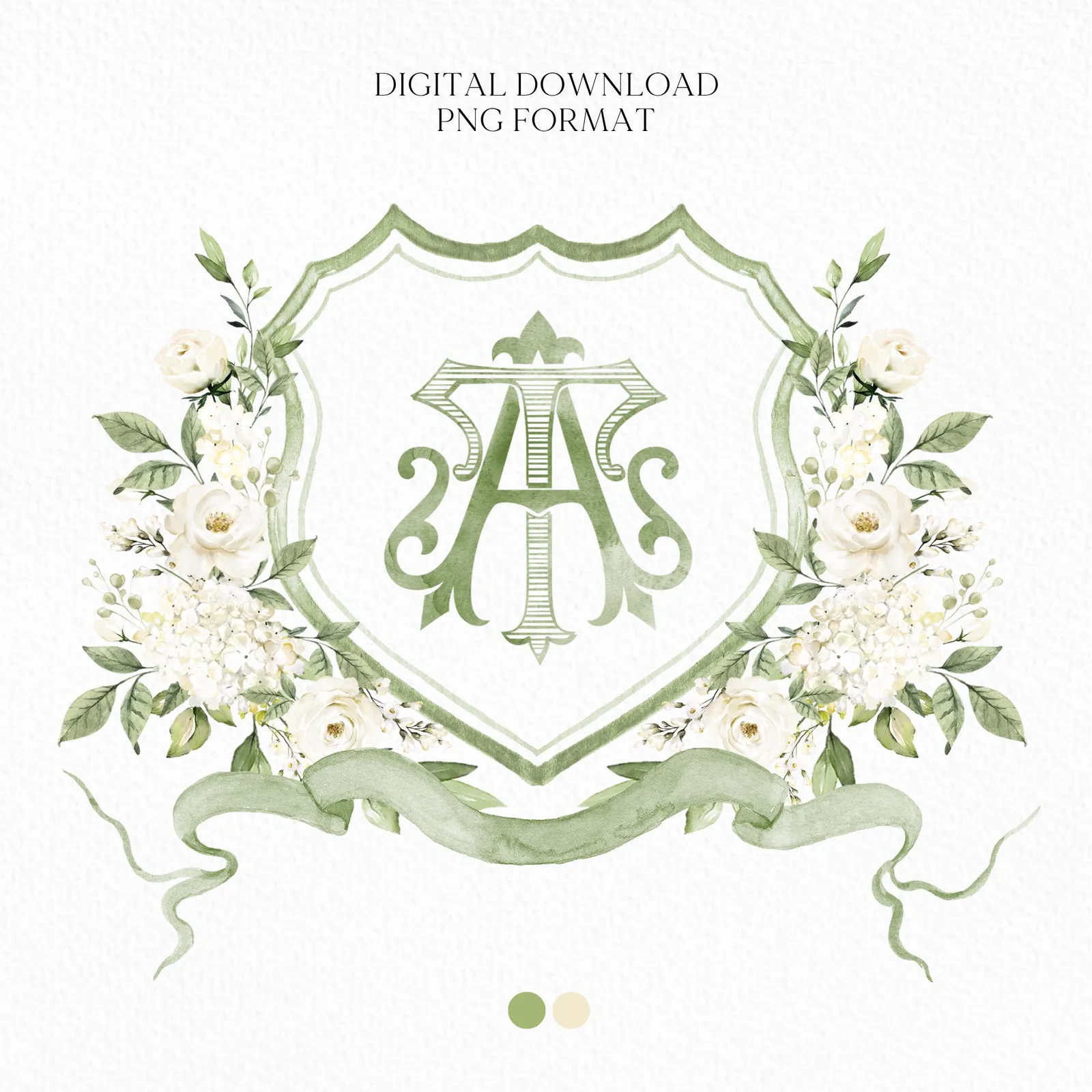 Hydrangea White Rose Greenery Flower Wedding Crest - Monogram Crest - Hydrangea White Floral Watercolor Wedding Crest Romantic Wedding Crest