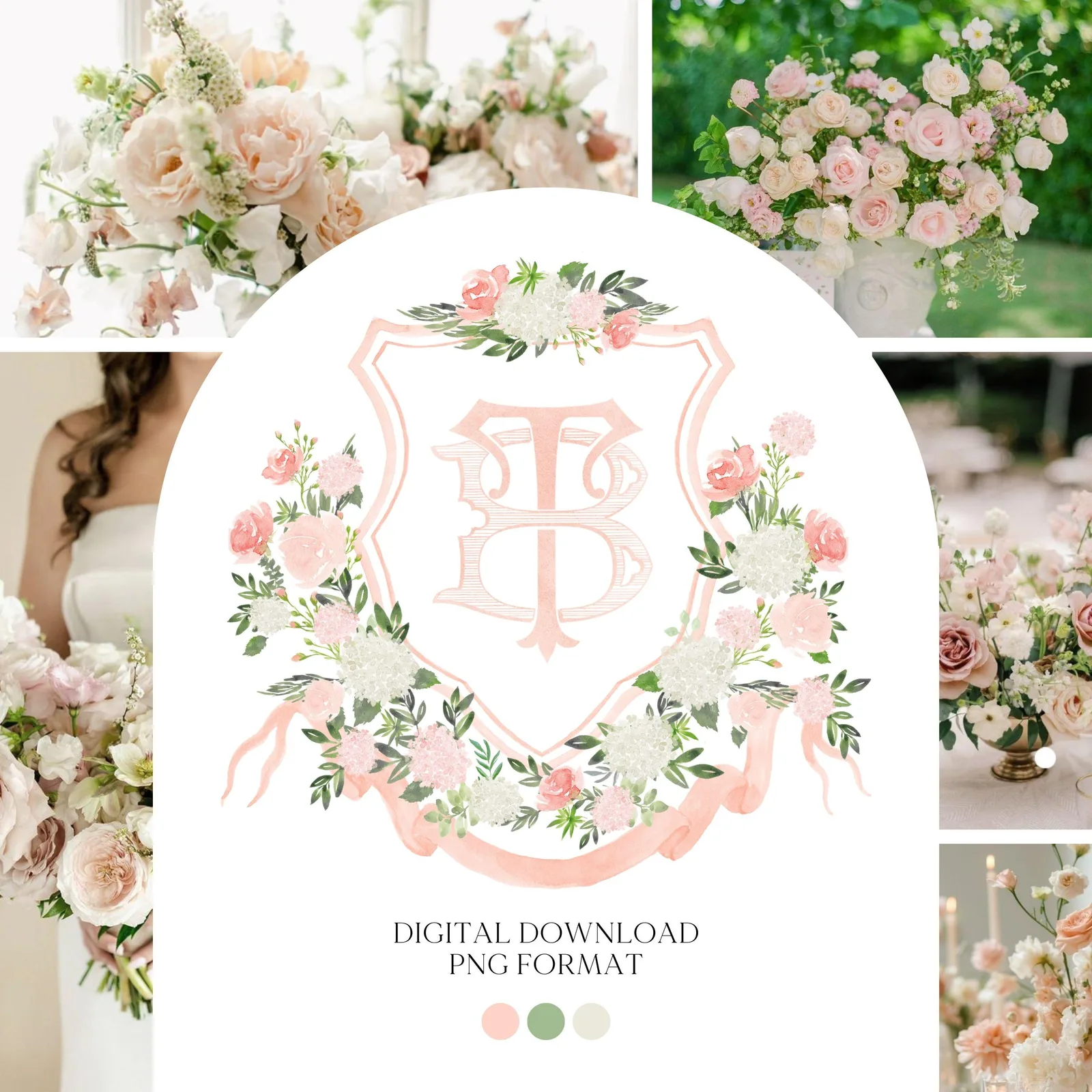 White Hydrangea Blush Peony Flower Wedding Crest - Monogram Crest - Floral Luxury Watercolor Wedding Crest - Romantic Wedding Crest