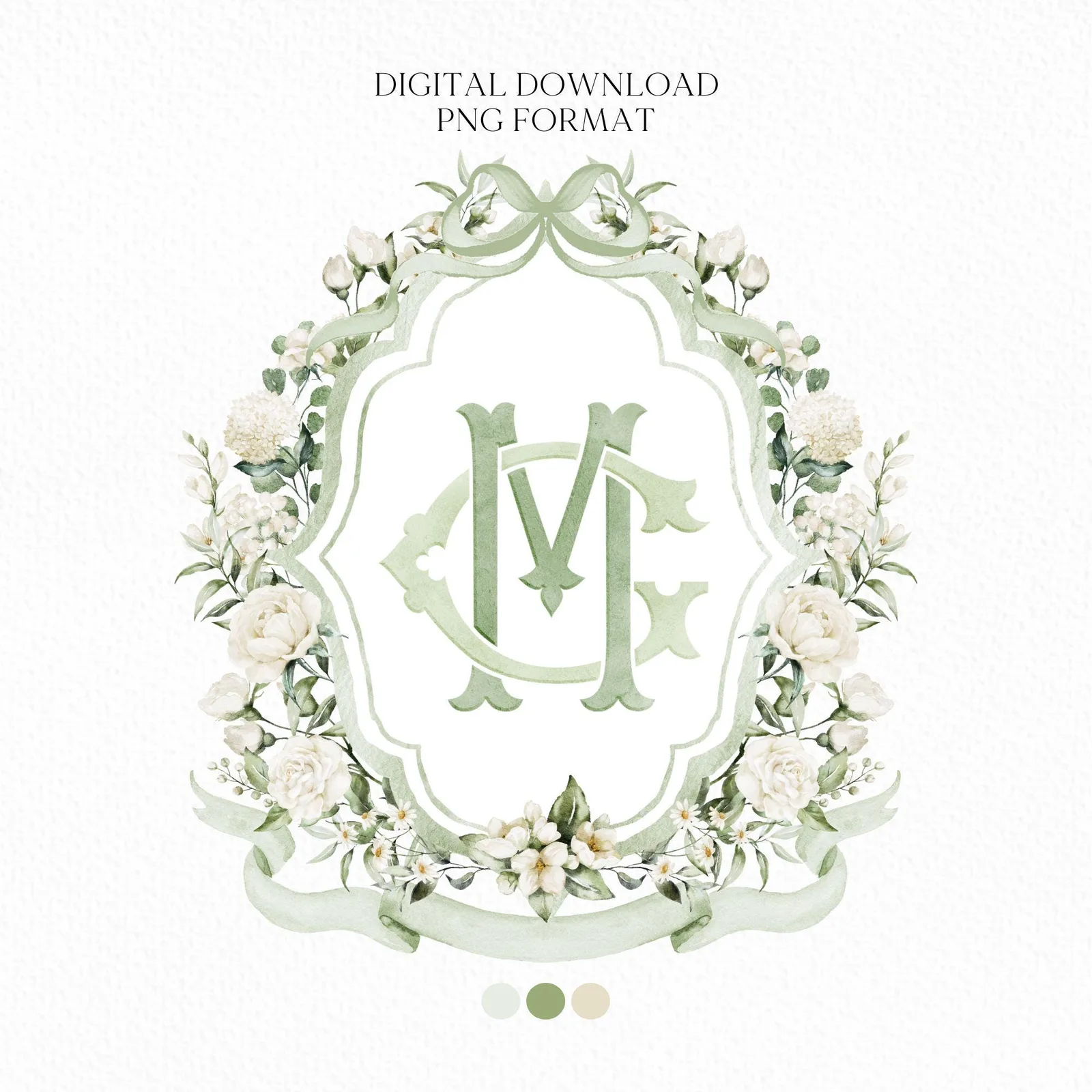 White Rose Greenery White Flower Wedding Crest - Monogram Crest - White Floral Watercolor Wedding Crest - Romantic Wedding Crest