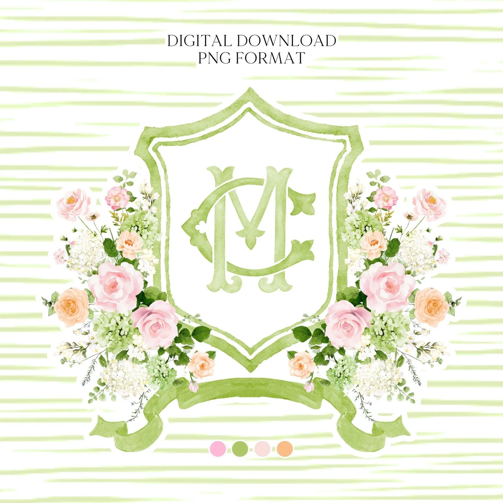 White Roses Blush Pink Rose Flower Wedding Crest - Monogram Crest - Green Hydrangea Floral Luxury Watercolor Wedding Crest