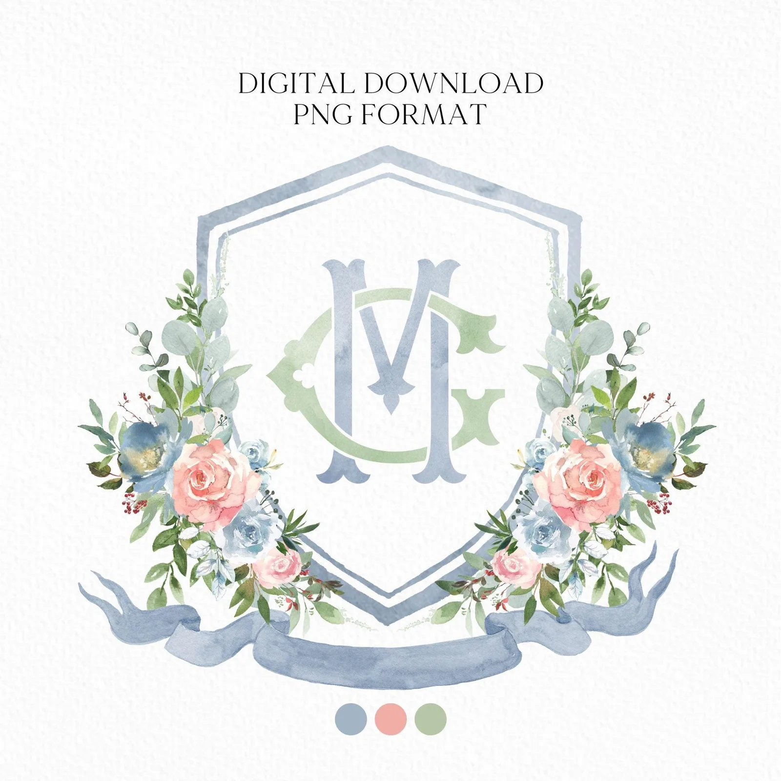 Pink & Blue Flower Wedding Crest - Monogram Crest - Roses Floral Luxury Watercolor Wedding Crest - Romantic Wedding Crest