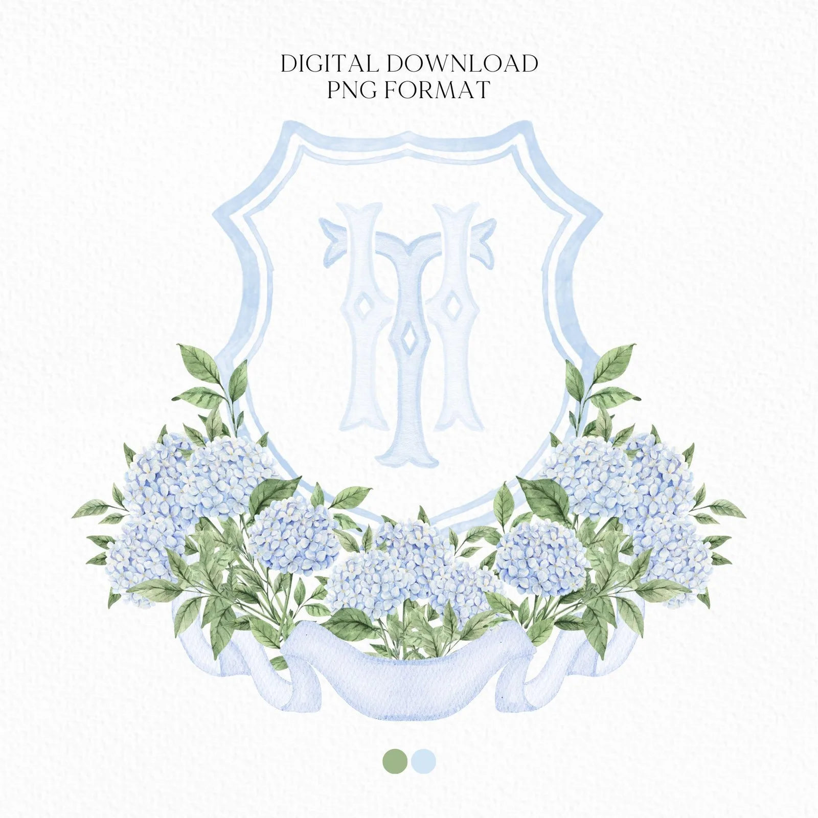 Blue Hydrangea Flower Wedding Crest - Monogram Crest - Hydrangea Light Blue Floral Luxury Watercolor Wedding Crest - Romantic Wedding Crest