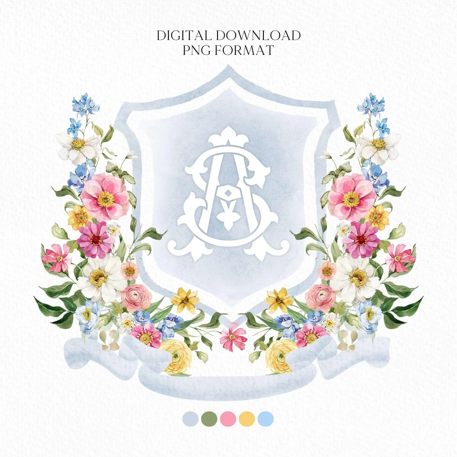 Wildflowers Bright Floral Colorful Watercolor Wedding Crest