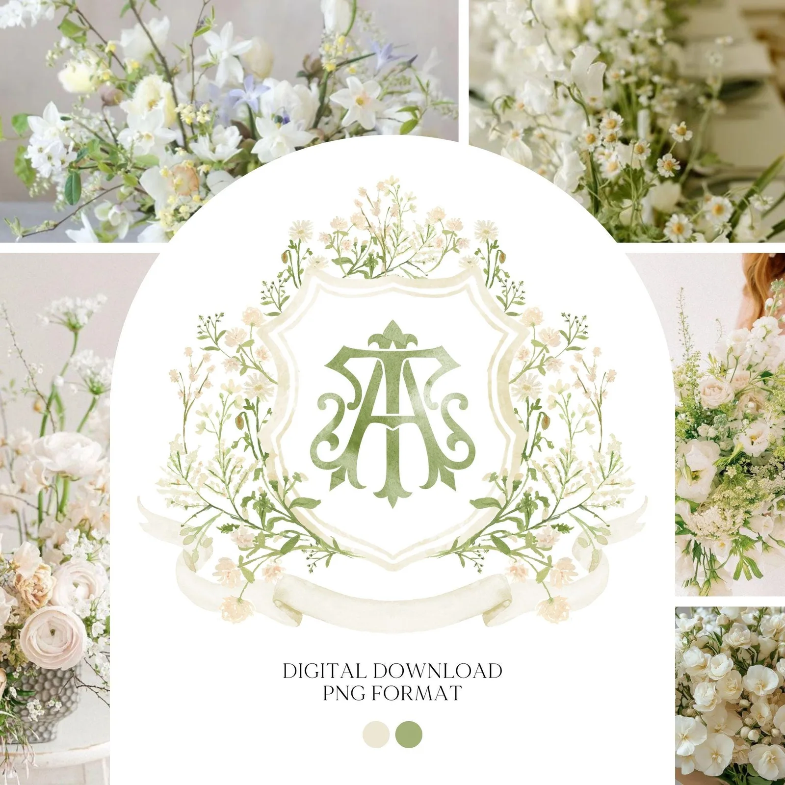 White WildFlower Wedding Crest - Monogram Crest - WildFlower Floral Luxury Watercolor Wedding Crest - Romantic Wedding Crest
