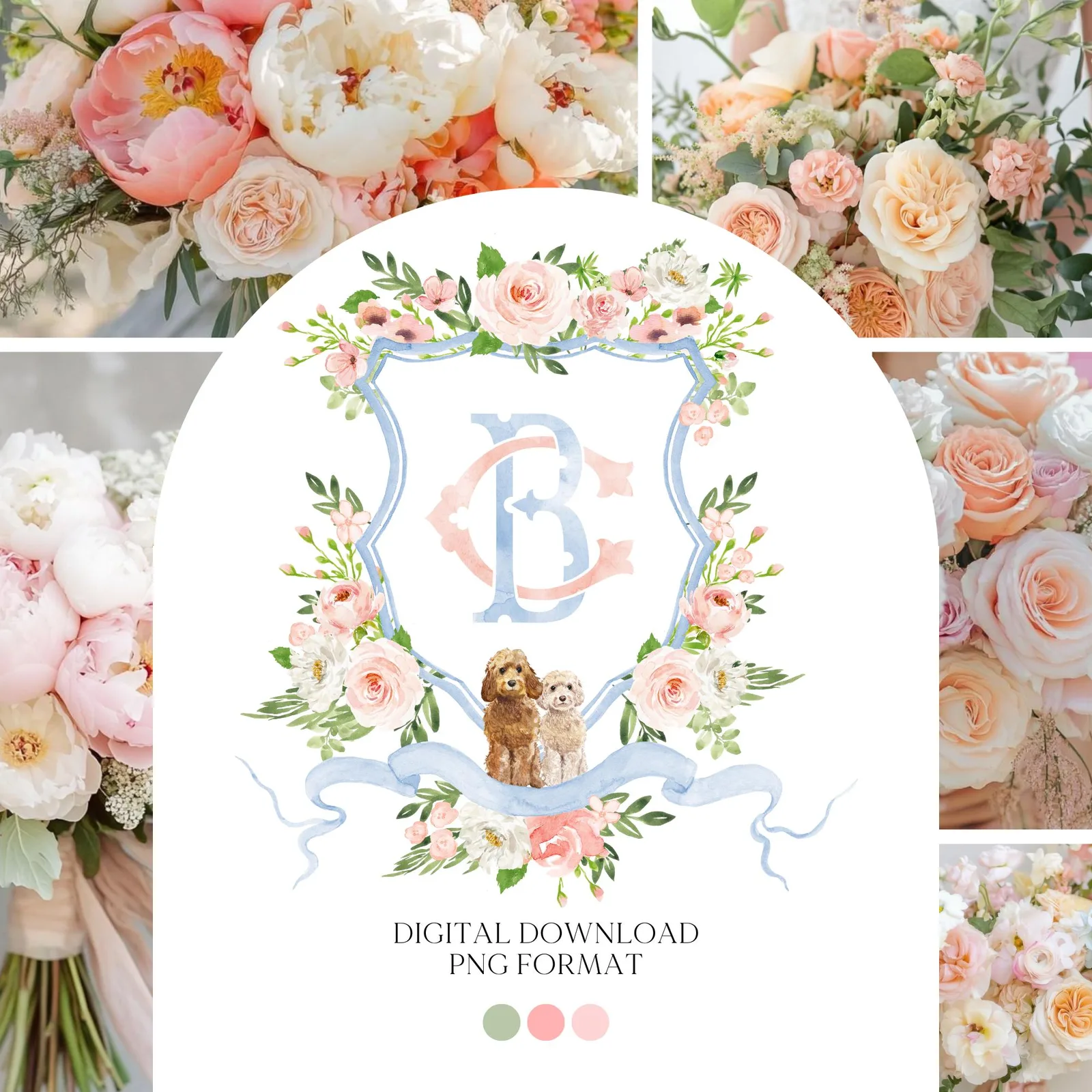 Blush Peony Floral Rustic Greenery Flower Wedding Crest