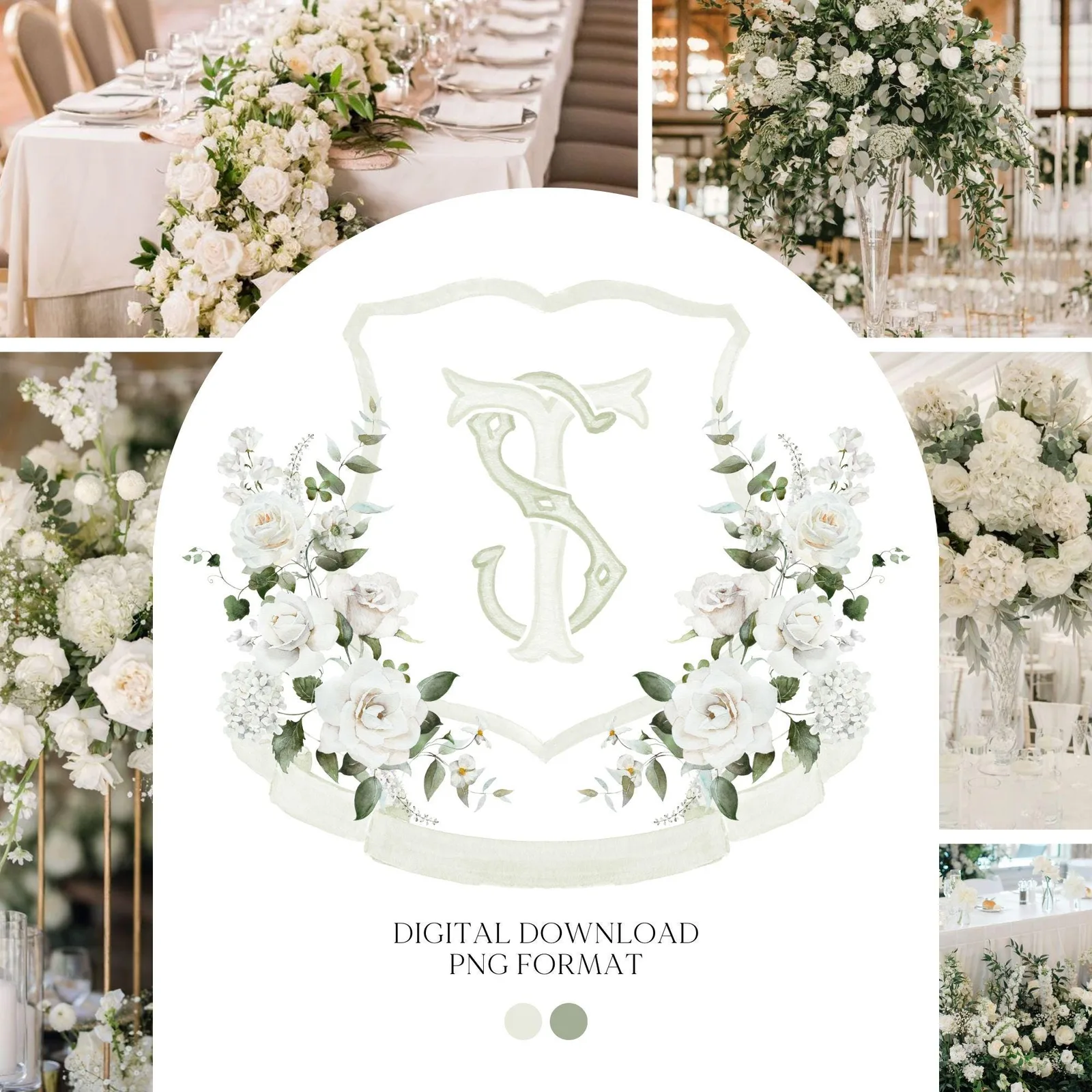White Rose Greenery White Flower Wedding Crest - Monogram Crest - White Floral Watercolor Wedding Crest - Romantic Wedding Crest