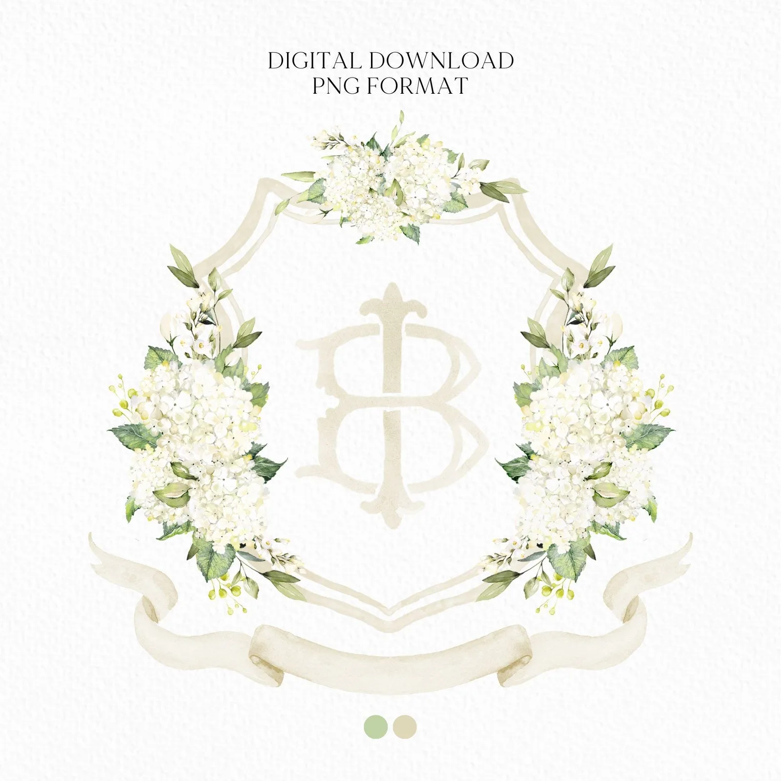 Hydrangea White Flower Wedding Crest - Monogram Crest - White Hydrangea Floral Luxury Watercolor Wedding Crest - Romantic Wedding Crest