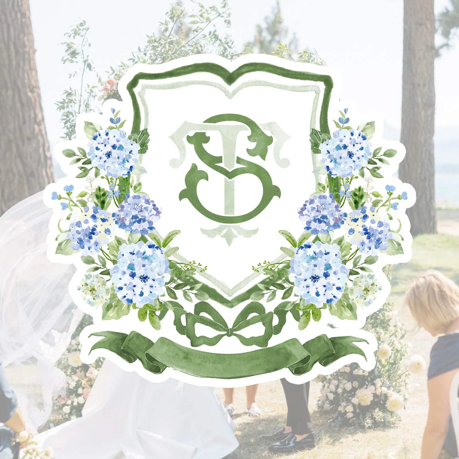 Hydrangea Blue Wedding Crest - Monogram Crest - Light Blue Hydrangea Floral Luxury Watercolor Wedding Crest - Romantic Wedding Crest