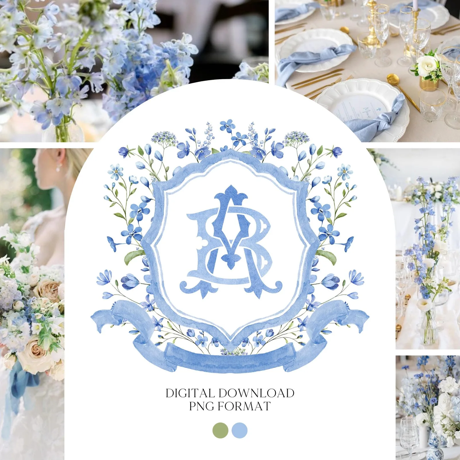 Blue WildFlower Wedding Crest - Monogram Crest - WildFlower Floral Luxury Watercolor Wedding Crest - Romantic Wedding Crest, Boho WildFlower