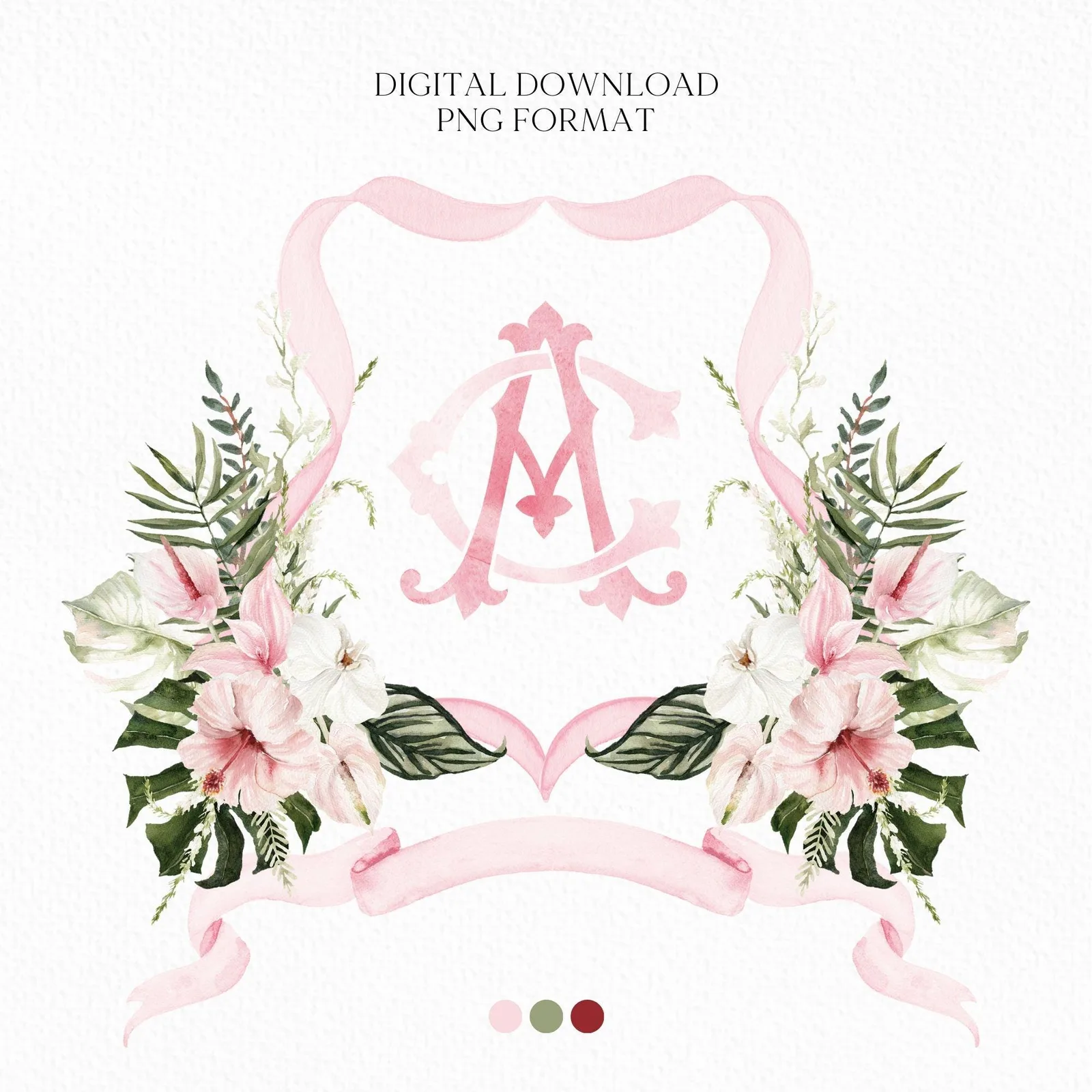 Pink Jungle Bridal Watercolor Flowers Wedding Crest - Monogram Crest - Summer Tropical Watercolor Wedding Crest - Romantic Wedding Crest
