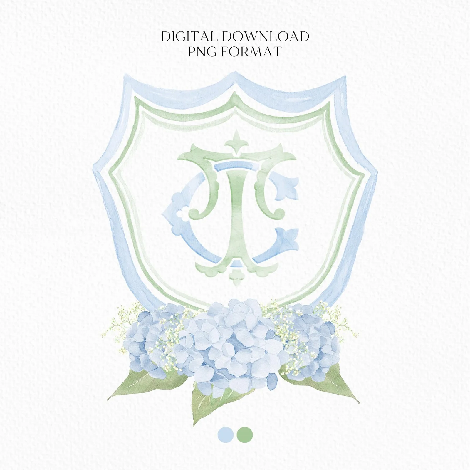 Hydrangea Flower Sage Green Baby's Breath Wedding Crest - Monogram Crest - Hydrangea Light Blue Floral Luxury Watercolor Wedding Crest