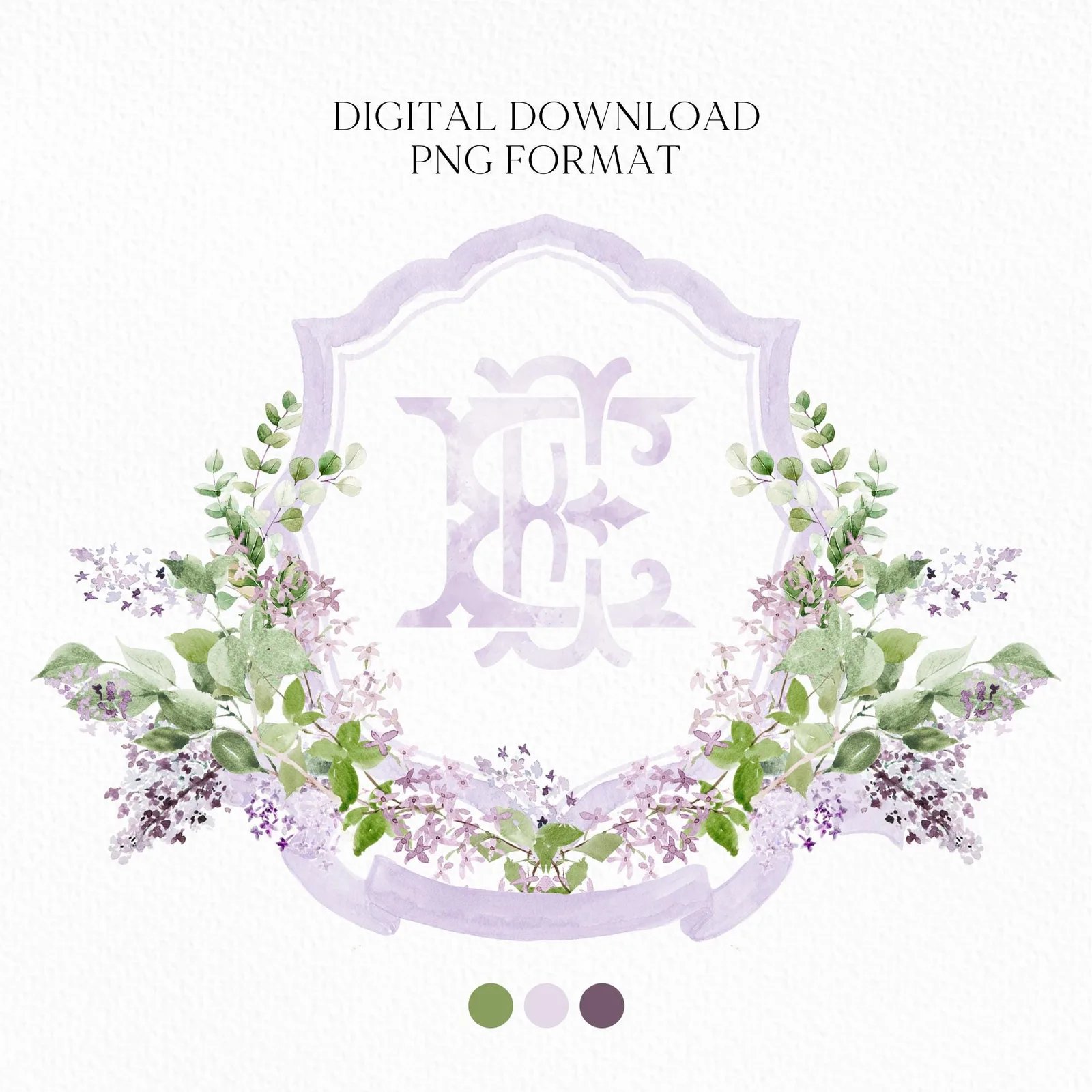Lilac Lavender Purple Flower Wedding Crest - Monogram Crest - lavender purple Floral Luxury Watercolor Wedding Crest, Romantic Wedding Crest