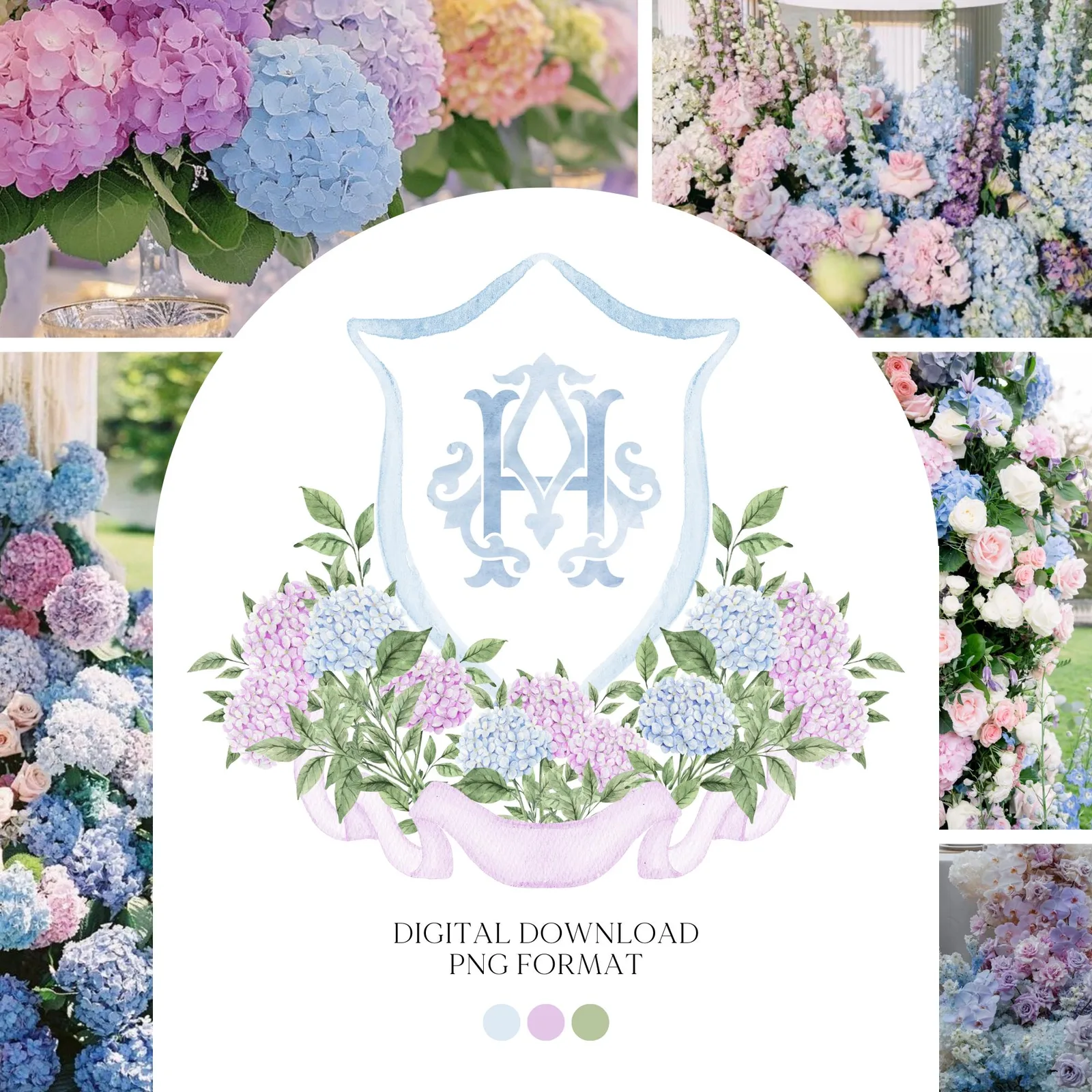 Hydrangea Light Blue Flower Wedding Crest - Monogram Crest - Purple Hydrangea White Floral Watercolor Wedding Crest Romantic Wedding Crest