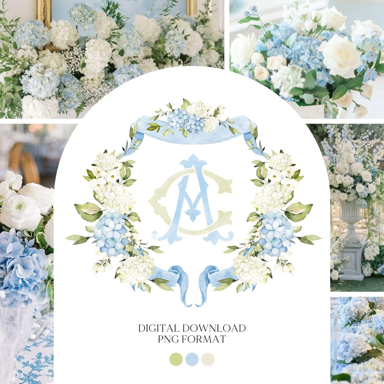 Hydrangea Flower Wedding Crest - Monogram Crest - Hydrangea Floral Luxury Watercolor Wedding Crest - Romantic Wedding Crest- Boho Hydrangea