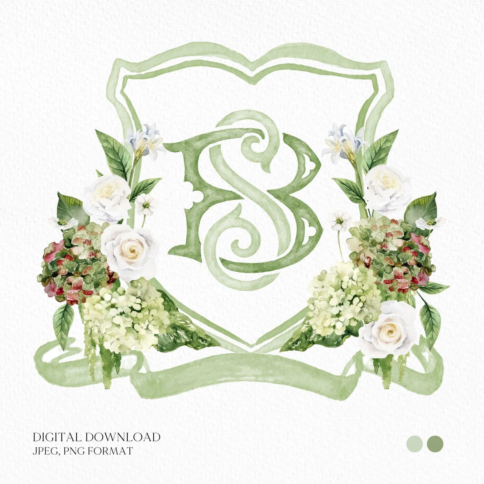 Green Hydrangea Flower Wedding Crest - Monogram Crest
