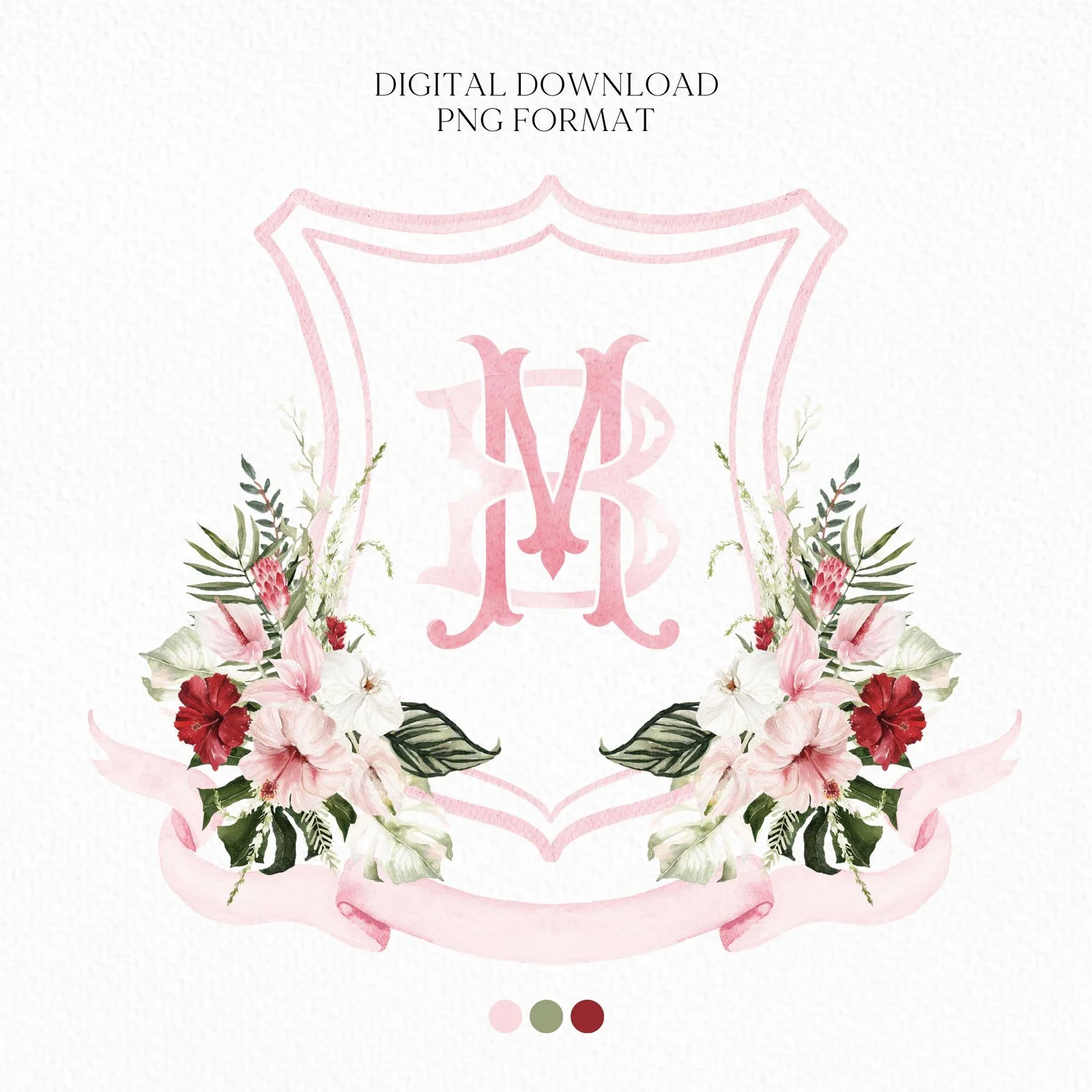 Jungle Bridal Watercolor Flowers Wedding Crest - Monogram Crest - Summer Tropical Watercolor Wedding Crest - Romantic Wedding Crest