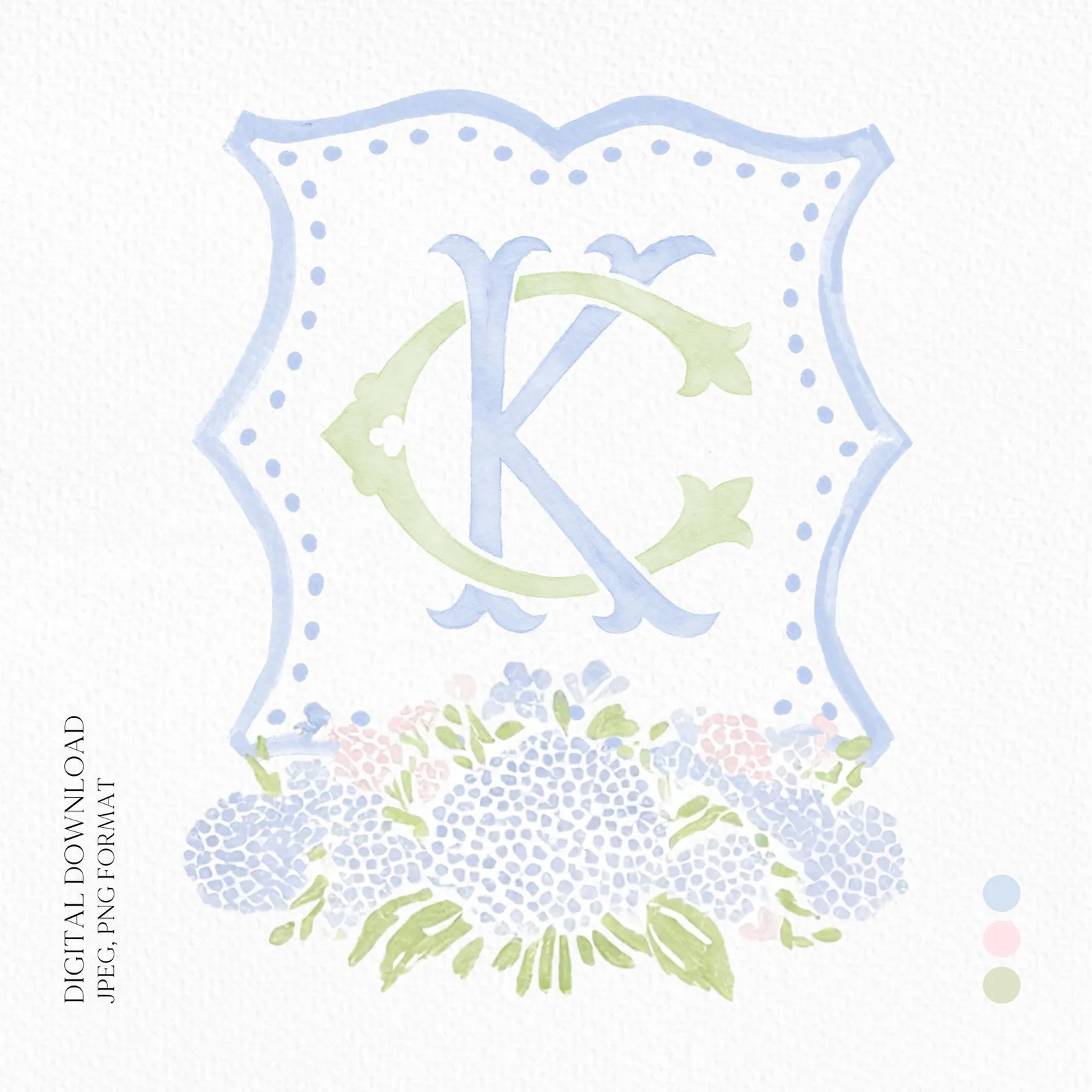 Pink Light Blue Hydrangea Flower Wedding Crest - Monogram Crest - Blue Hydrangea Floral Watercolor Wedding Crest - Romantic Wedding Crest