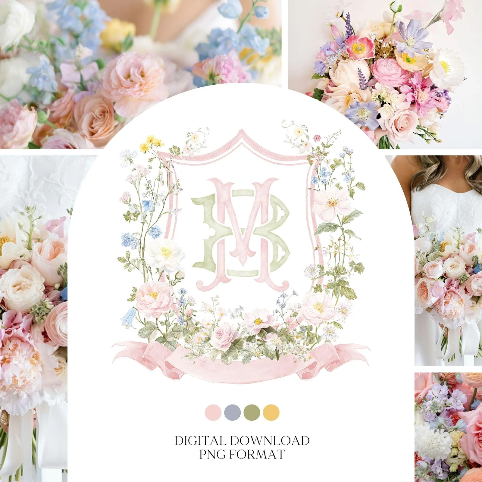 Pastel Wildflowers Light Pink Watercolor Wedding Crest - Monogram Crest - Floral Watercolor Wedding Crest - Romantic Wedding Crest