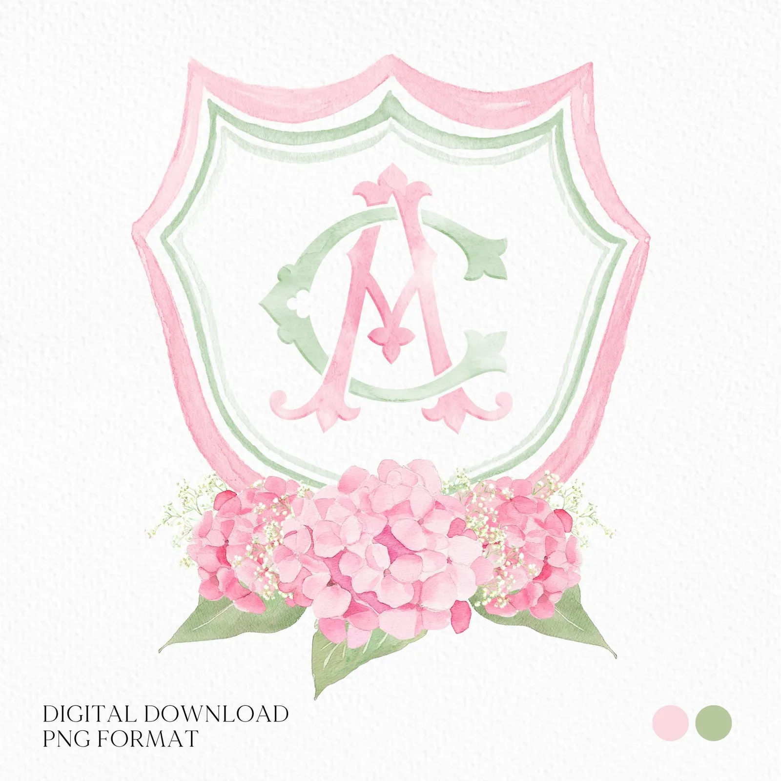 Hydrangea Pink Green Floral Wedding Crest - Monogram Crest
