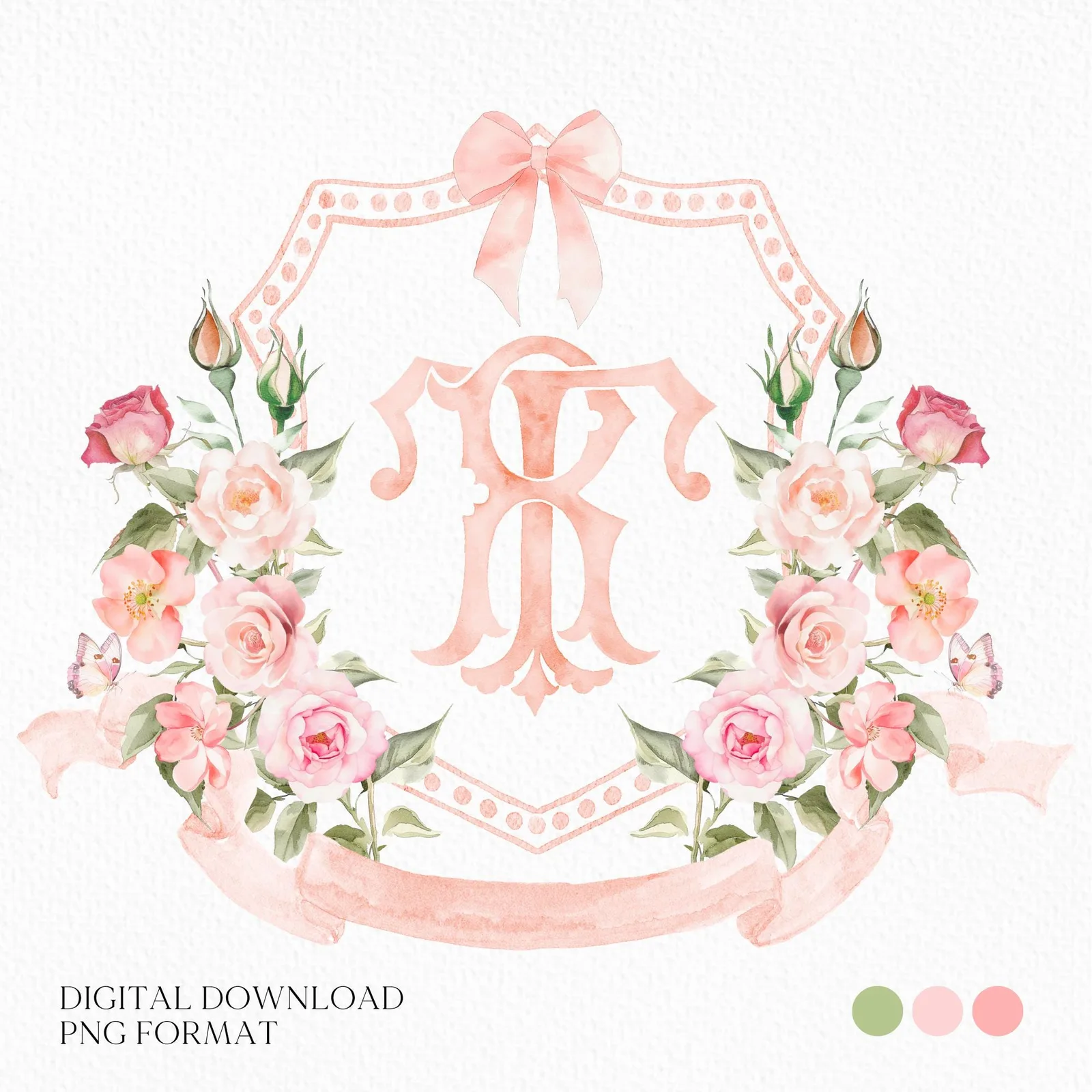Romantic Blush Rose Peony Eucalyptus Watercolor Flower Wedding Crest - Monogram Crest - Soft Watercolor Flowers Watercolor Wedding Crest