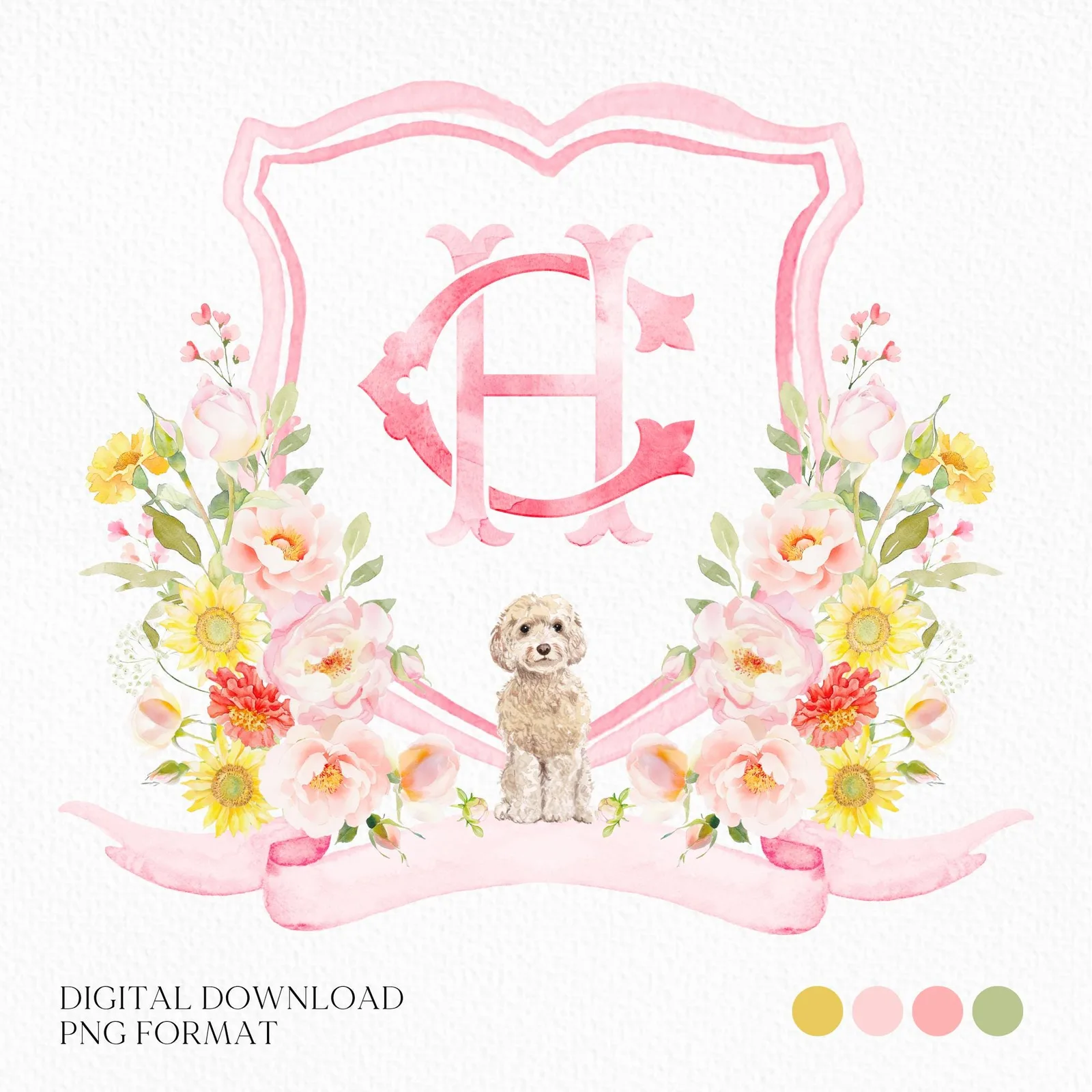 Coquette Flowers Blush Bright Colorful Watercolor Wedding Crest