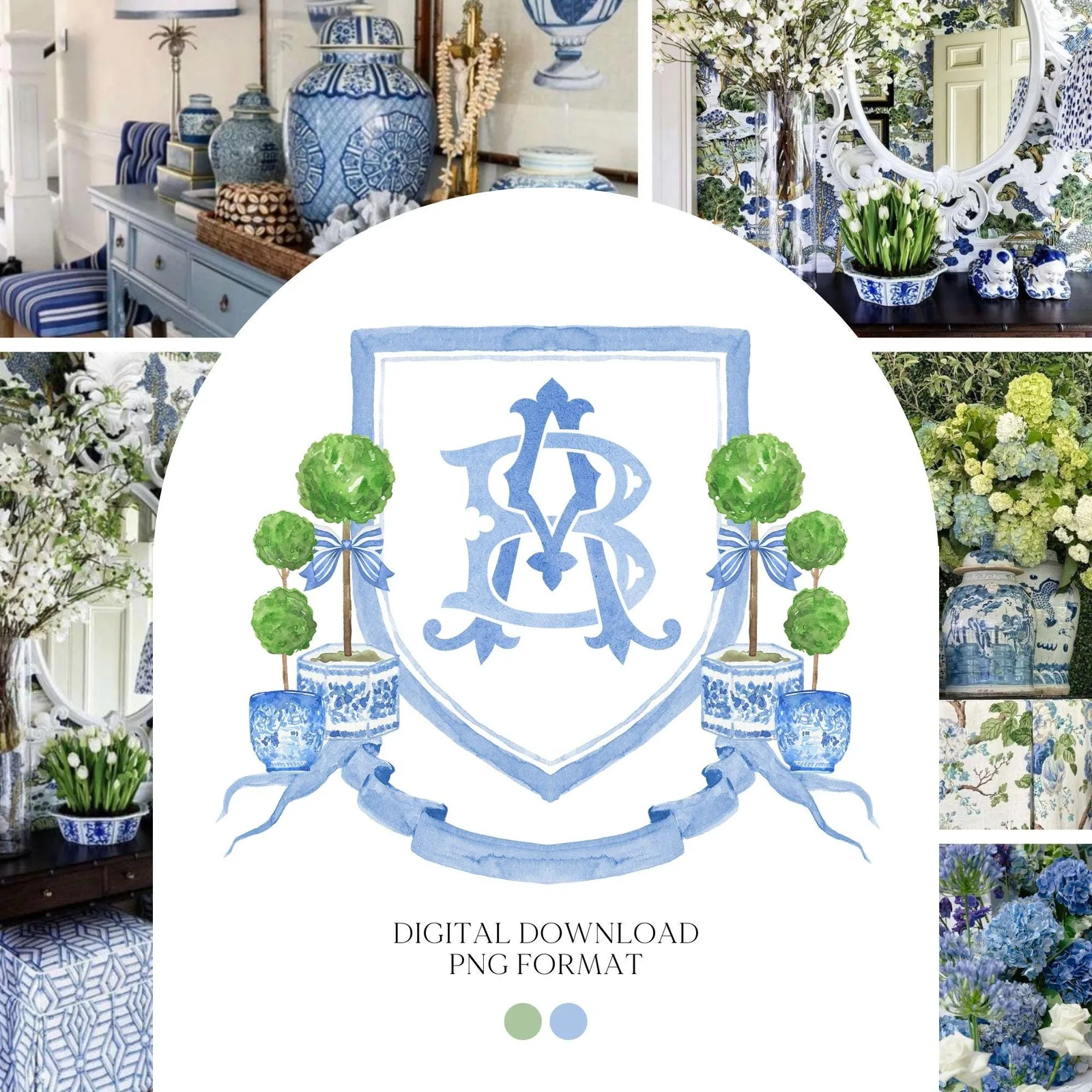 Chinoiserie Blue Topiary Wedding Crest - Monogram Crest