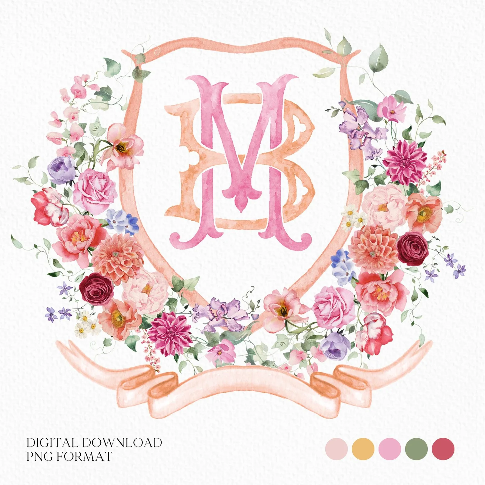 Wildflower Pink Flower Wedding Crest - Monogram Crest - Floral Luxury Watercolor Wedding Crest - Romantic Wedding Crest