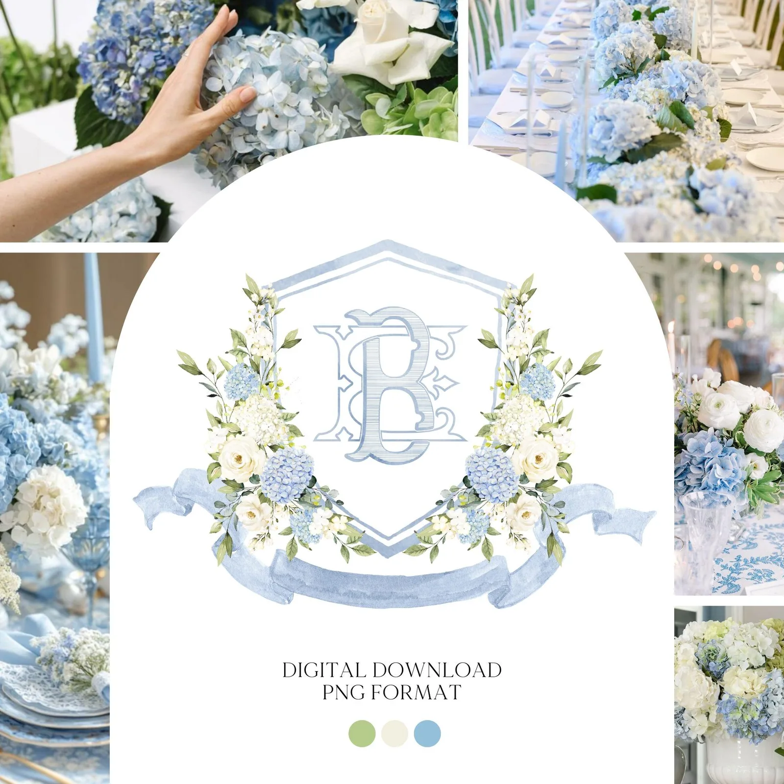 White Roses Hydrangea Flower Wedding Crest - Monogram Crest - Hydrangea Floral Luxury Watercolor Wedding Crest - Romantic Wedding Crest