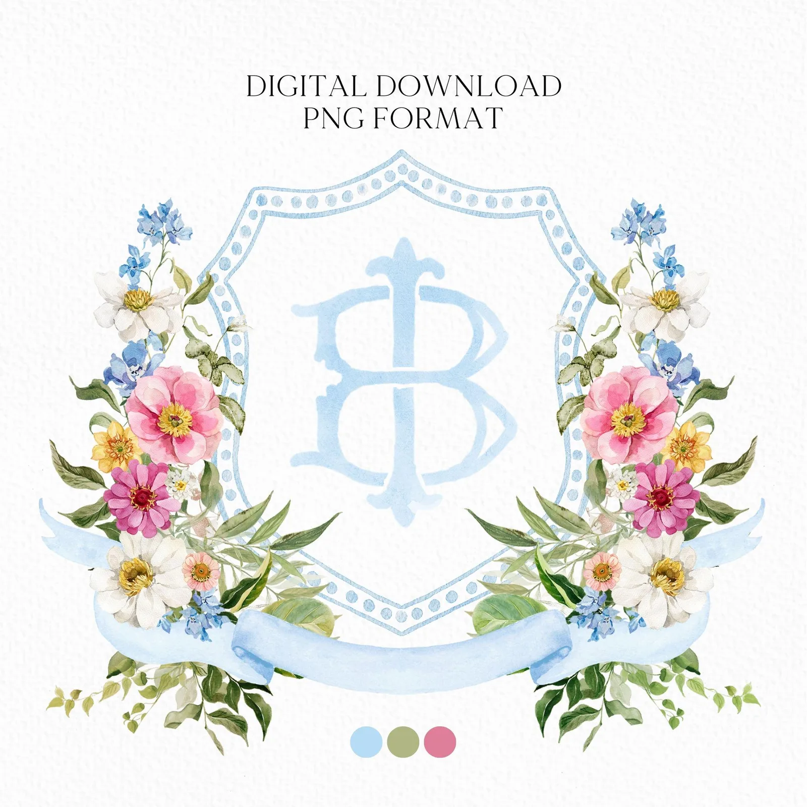 Wildflowers Bright Floral Colorful Watercolor Wedding Crest - Monogram Crest