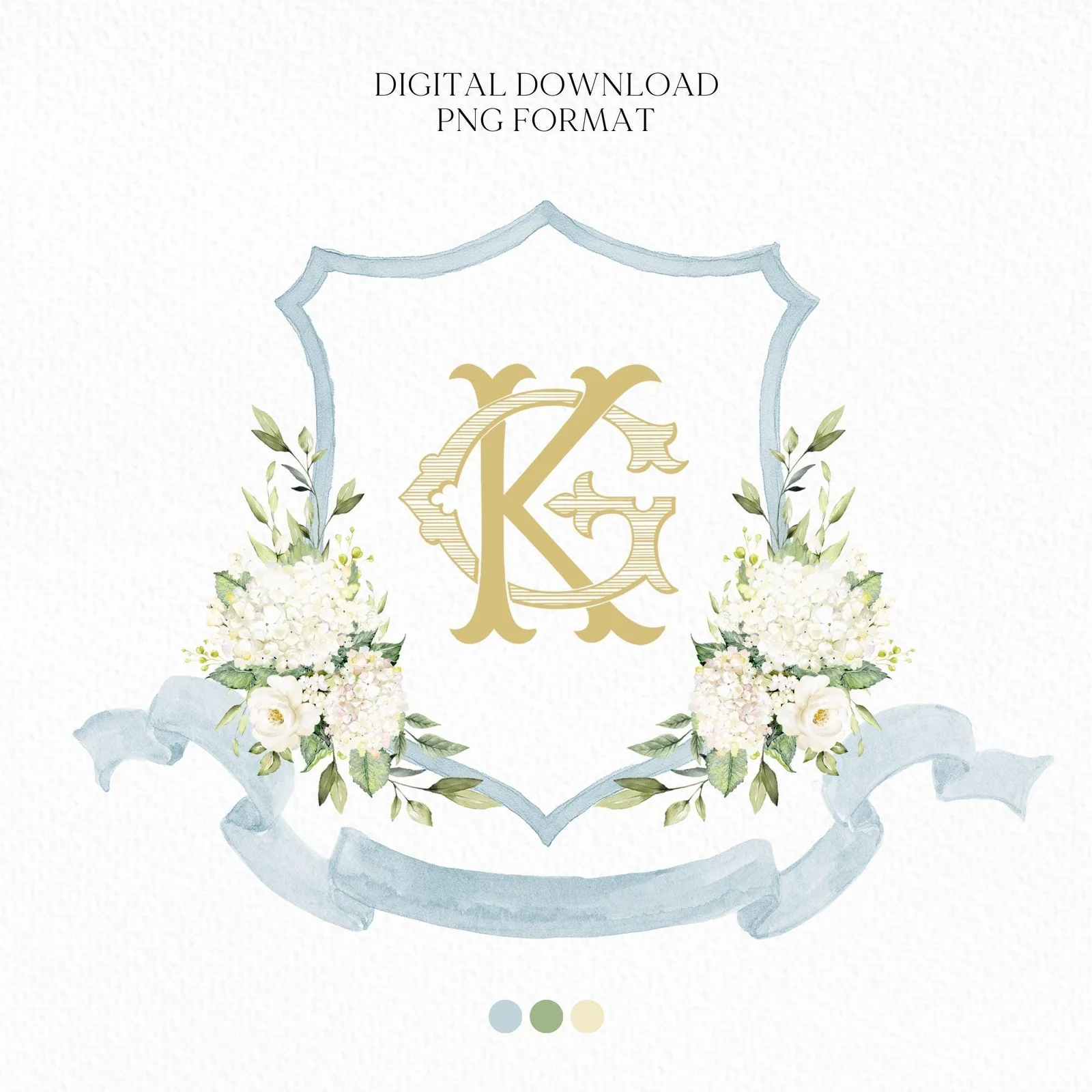 White Hydrangea Flower Wedding Crest - Monogram Crest - Hydrangea Floral Luxury Watercolor Wedding Crest - Romantic Wedding Crest