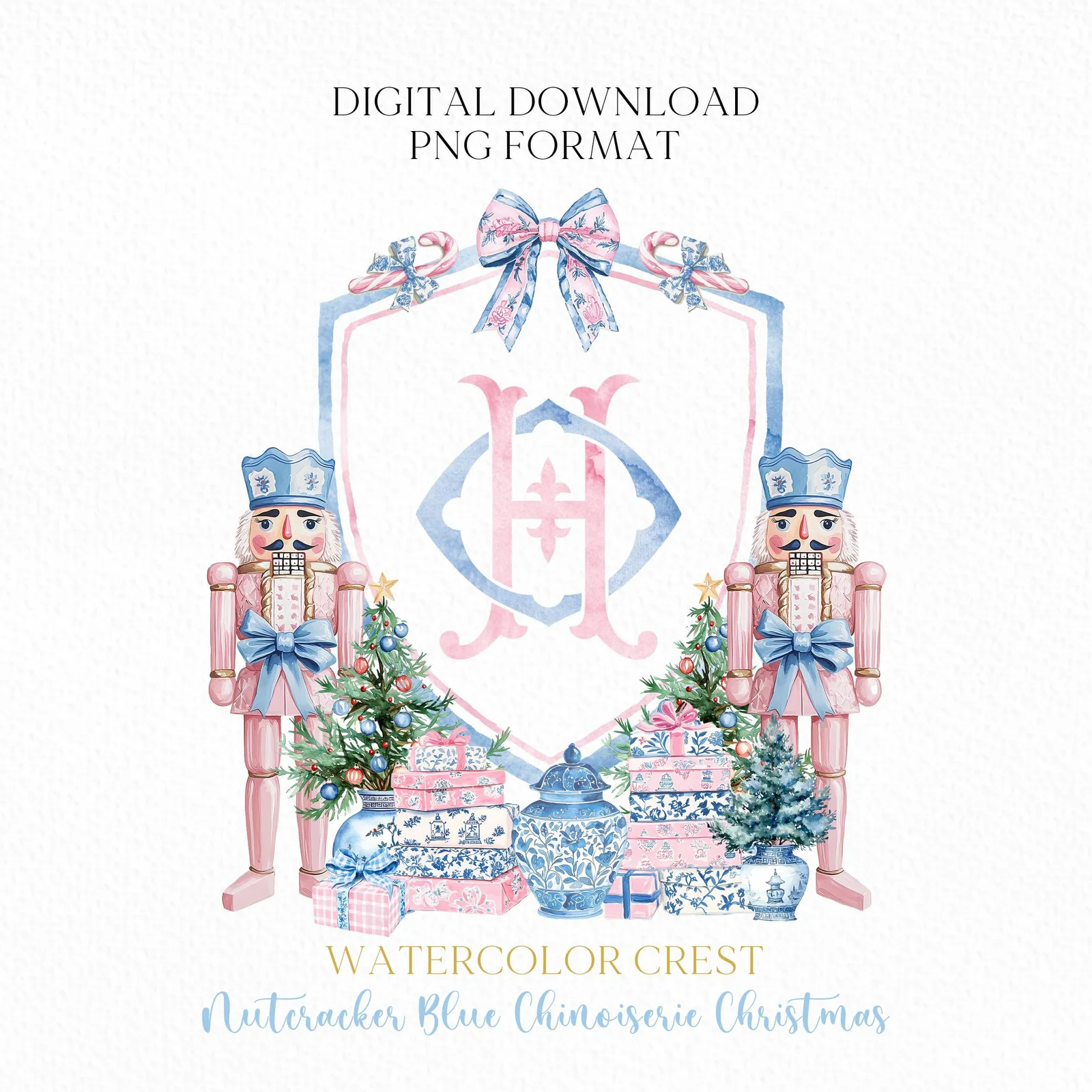 Nutcracker Blue Chinoiserie Christmas Crest - Monogram Crest - Christmas Watercolor Crest DIY - Luxury Watercolor Wedding Crest - Christmas