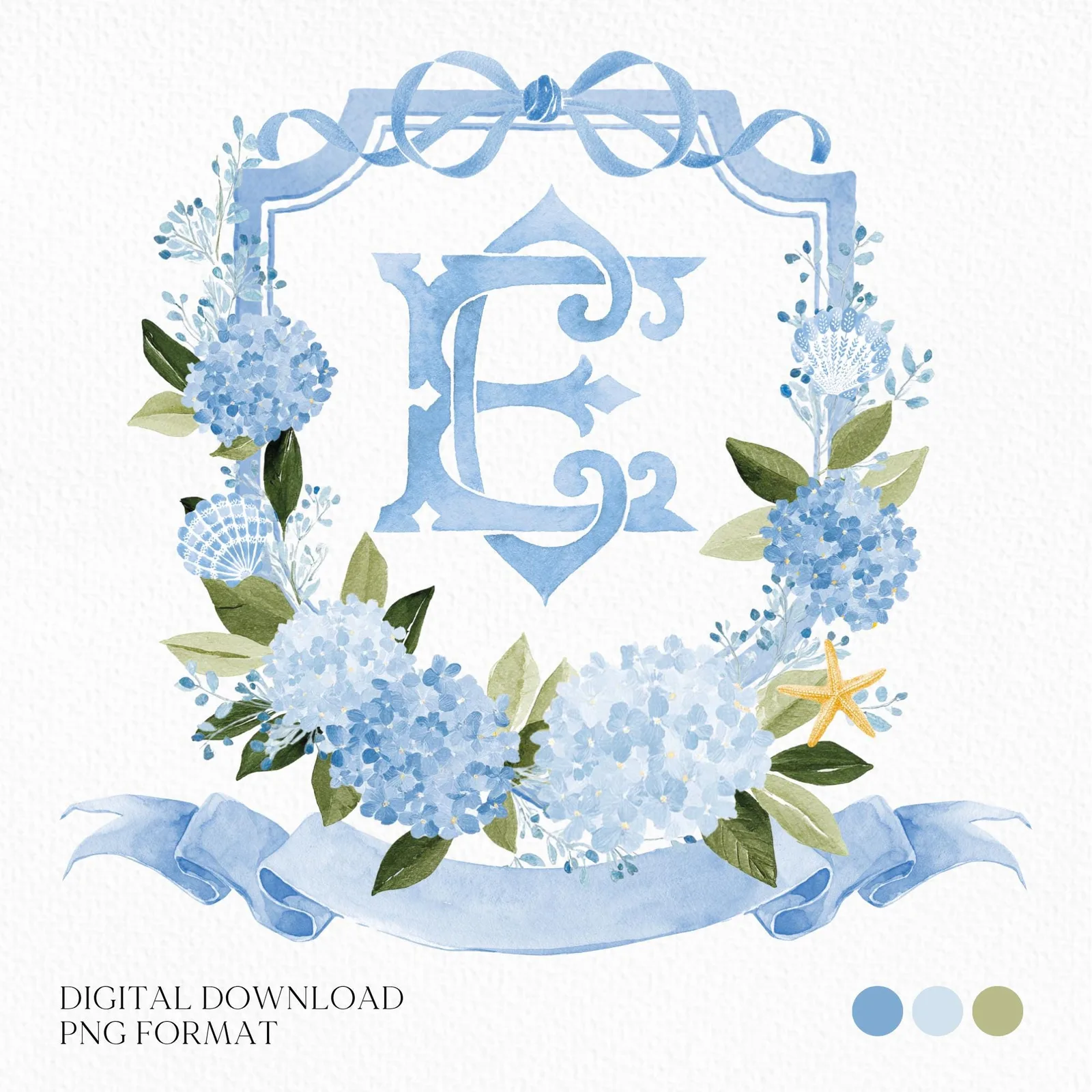 Watercolor Blue Hydrangea Flower Wedding Crest