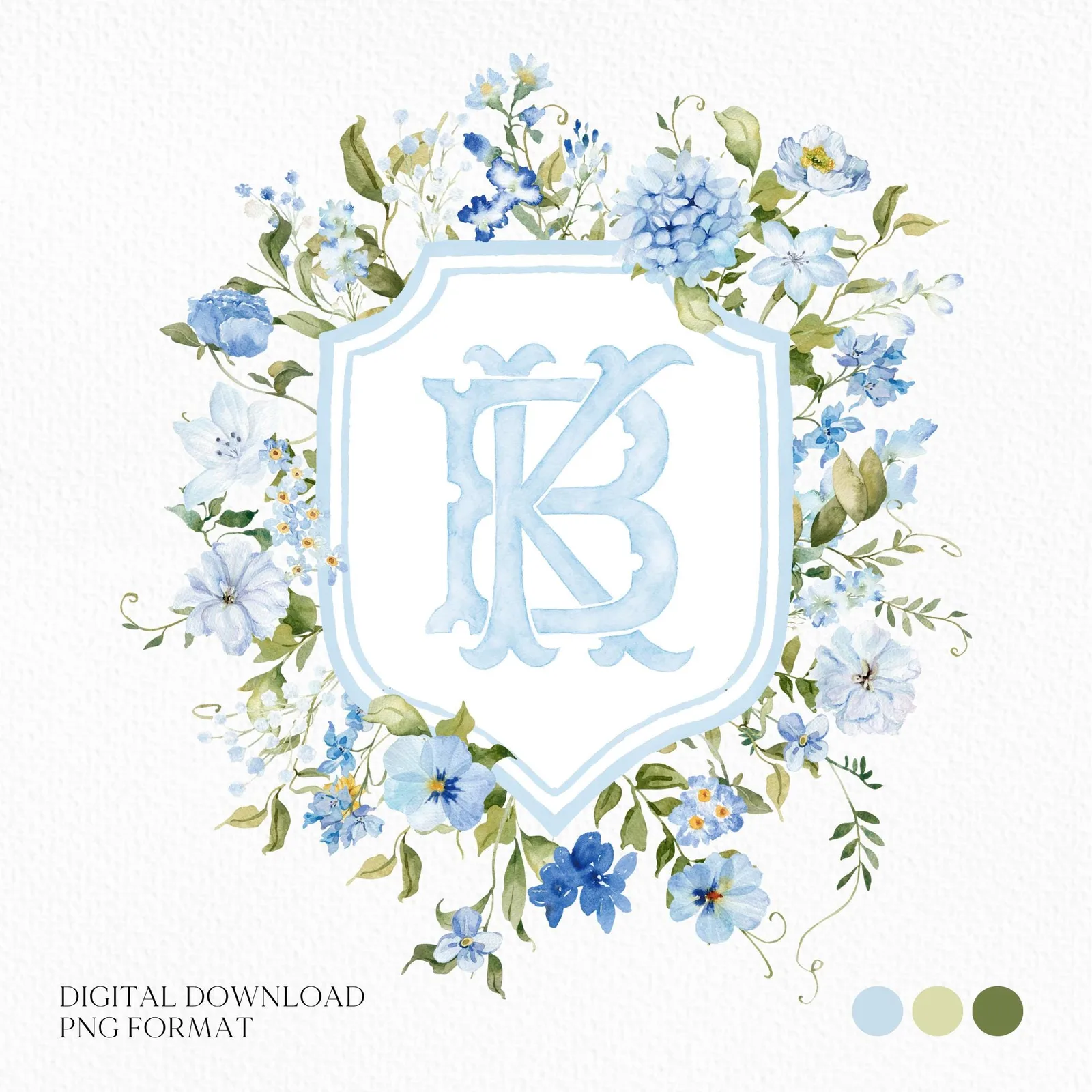 Blue Wildflowers Bright Floral Colorful Watercolor Wedding Crest - Monogram Crest - Floral Watercolor Wedding Crest - Romantic Wedding Crest