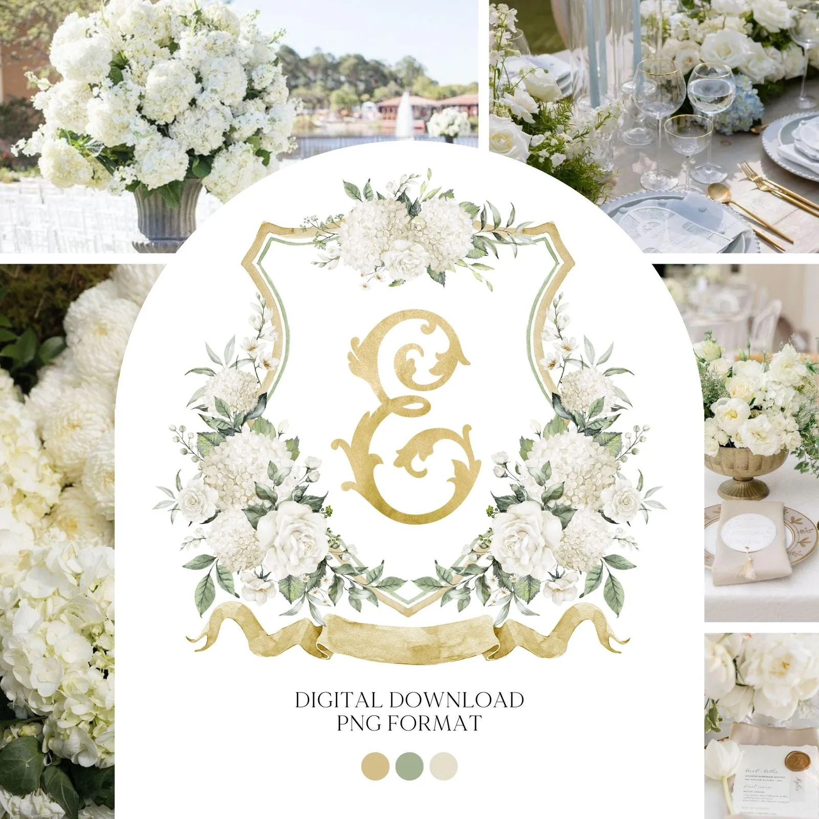 White Gold Hydrangea Flower Wedding Crest - Monogram Crest - Hydrangea Floral Luxury Watercolor Wedding Crest - Romantic Wedding Crest