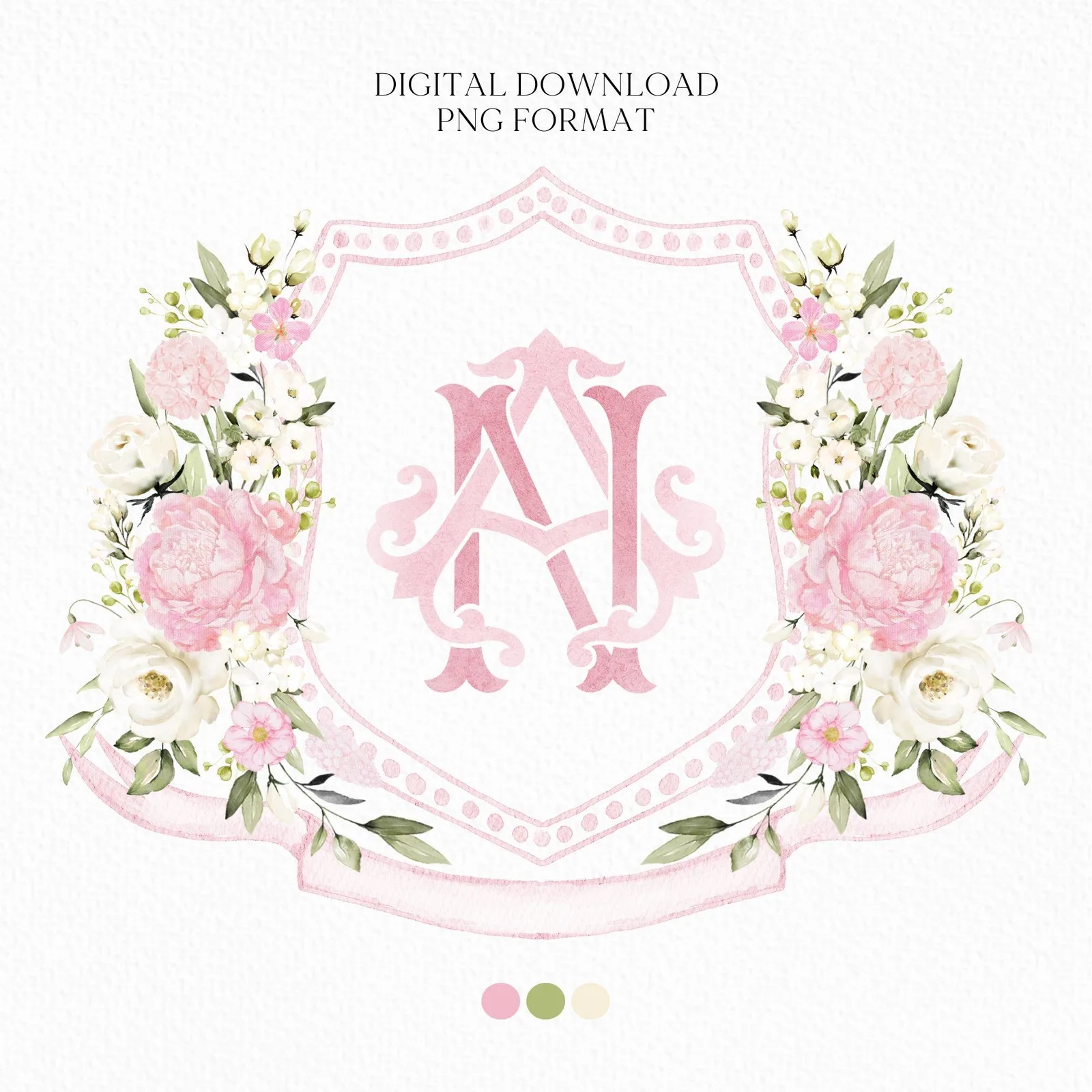 Creamy Rose Ivory Pink Peony White Flower Wedding Crest - Monogram Crest - Pink Floral Watercolor Wedding Crest - Romantic Wedding Crest
