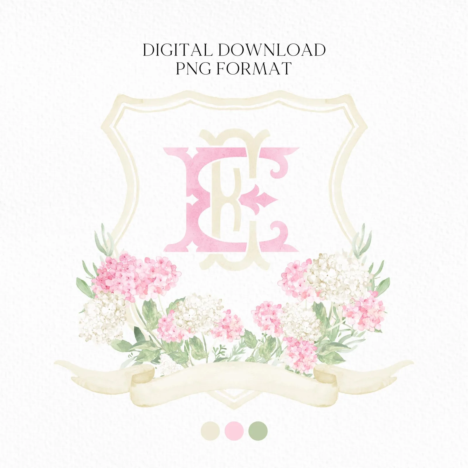 Pink White Hydrangea Flower Wedding Crest - Monogram Crest - Hydrangea Pink Floral Luxury Watercolor Wedding Crest - Romantic Wedding Crest